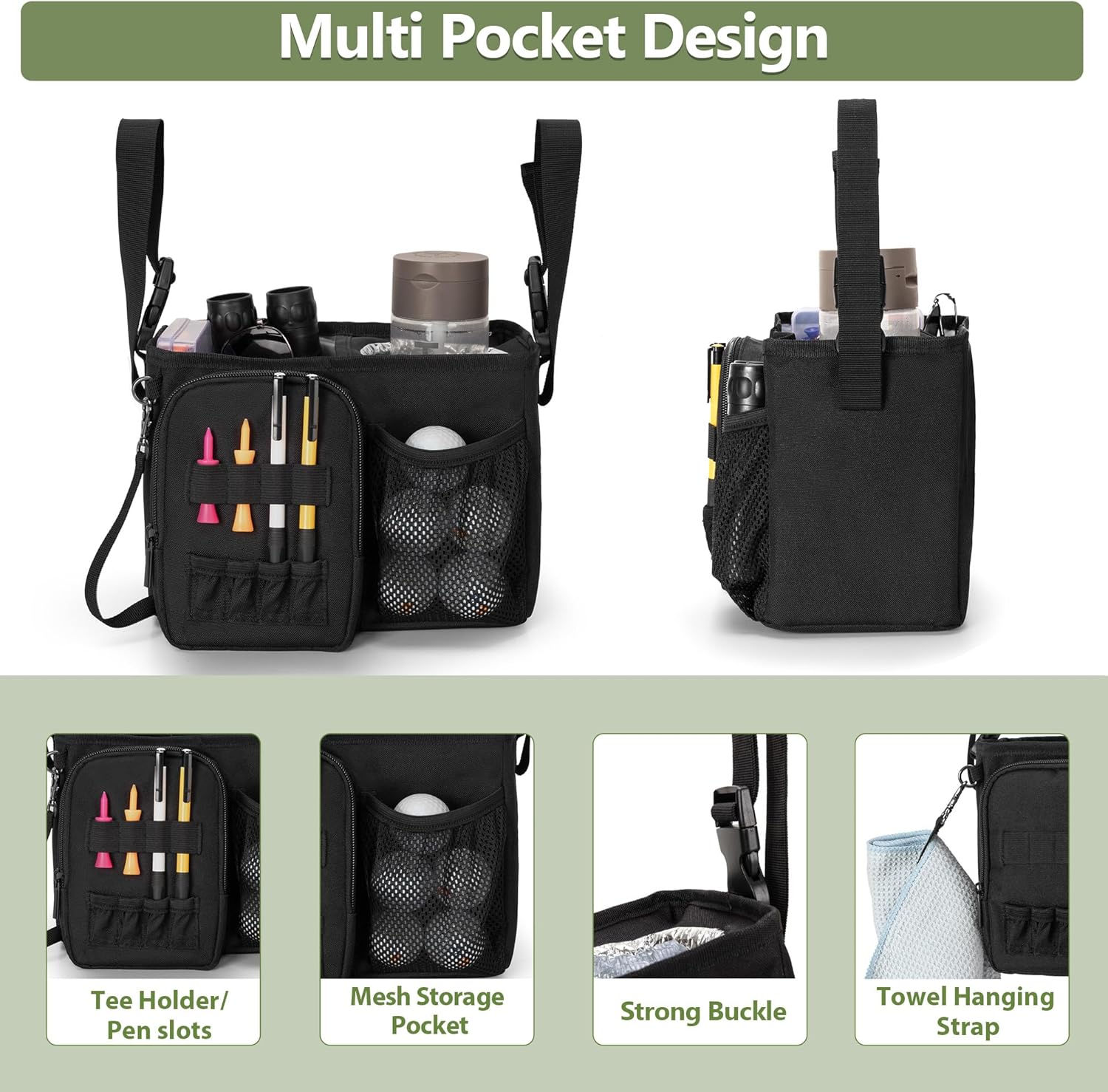 Golf Push Cart Organizer Bag with Insulated Cup Holder and Multi-Pockets, Fits Most Carts