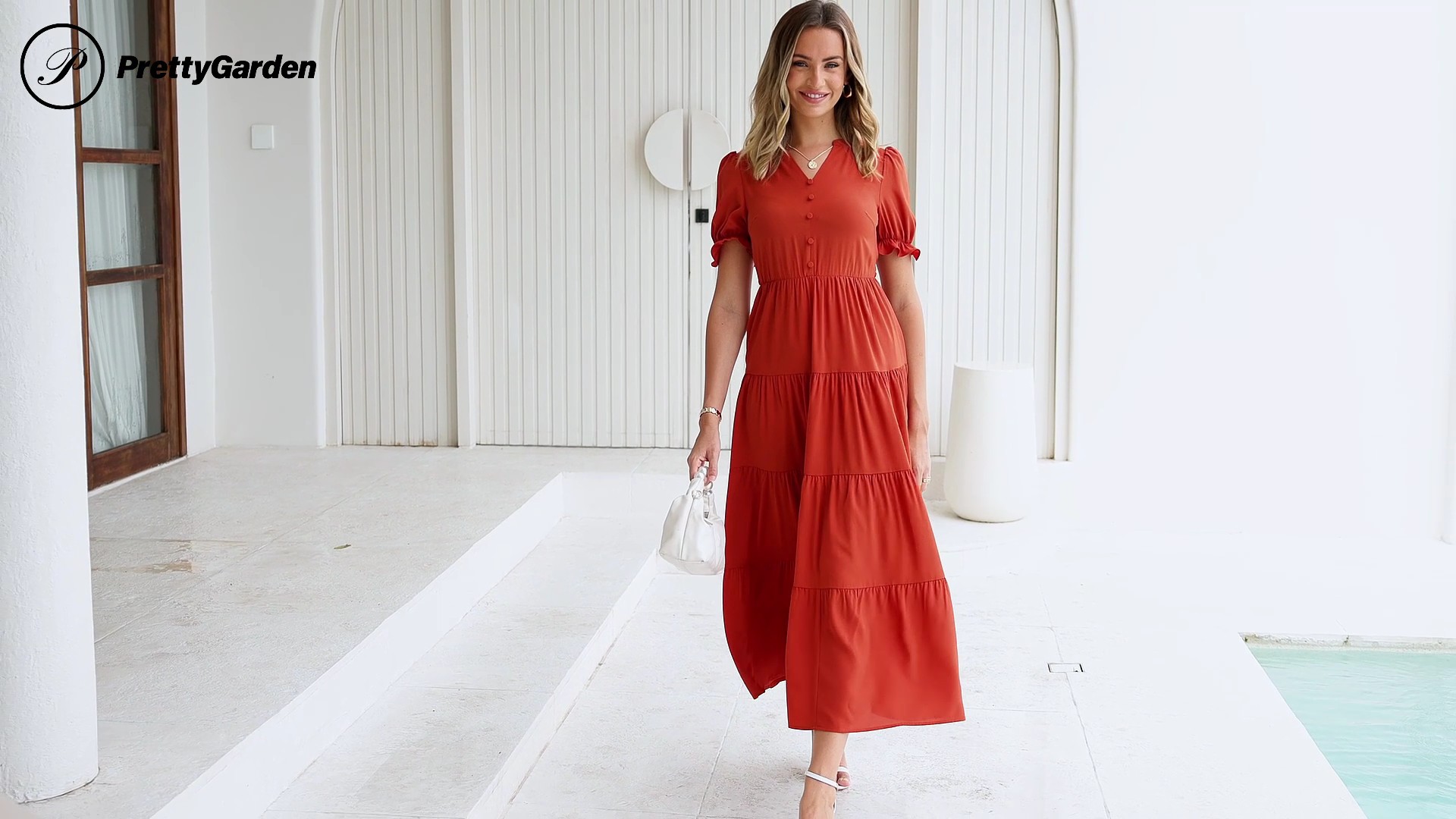 PRETTYGARDEN Women's Summer Casual Short Sleeve V Neck Midi Dresses 2025 Spring A-line Tiered Wedding Guest Dress (Brick Red,Small) at Amazon Women's Clothing store PRETTYGARDEN Women's Summer Casual Short Sleeve V Neck Midi Dresses 2025 Spring A-line Tiered Wedding Guest Dress (Brick Red,Small) at Amazon Women's Clothing store