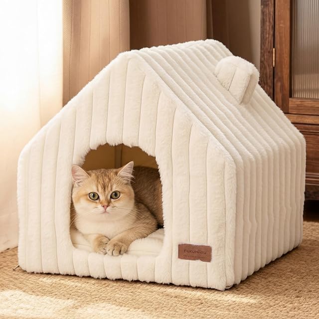 Camas para Gatos FUKUMARU, casita para Gatos de Interior Fabricada en Suave Piel sintética de Conejo