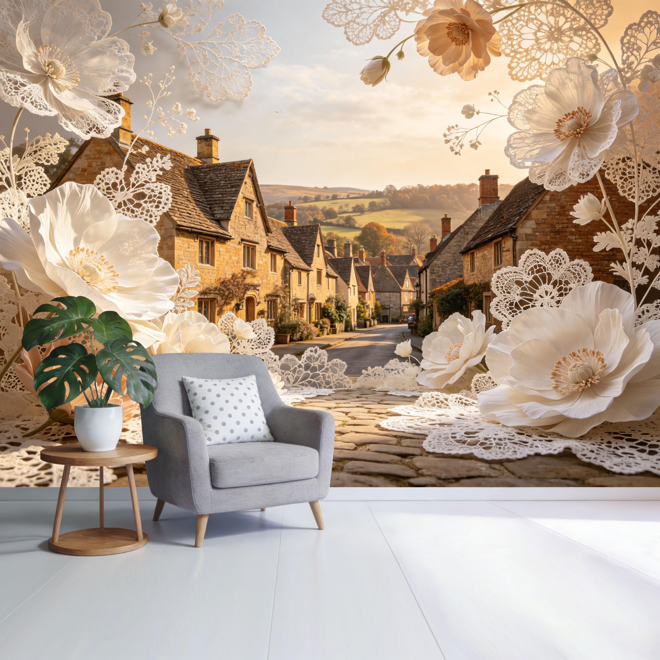 Custom Size Wall Mural Vintage Countryside Street Lace Floral Pattern Pastel Botanical Landscape SelfAdhesive Wall Fabric Removable Wallpaper for Home Office Decor