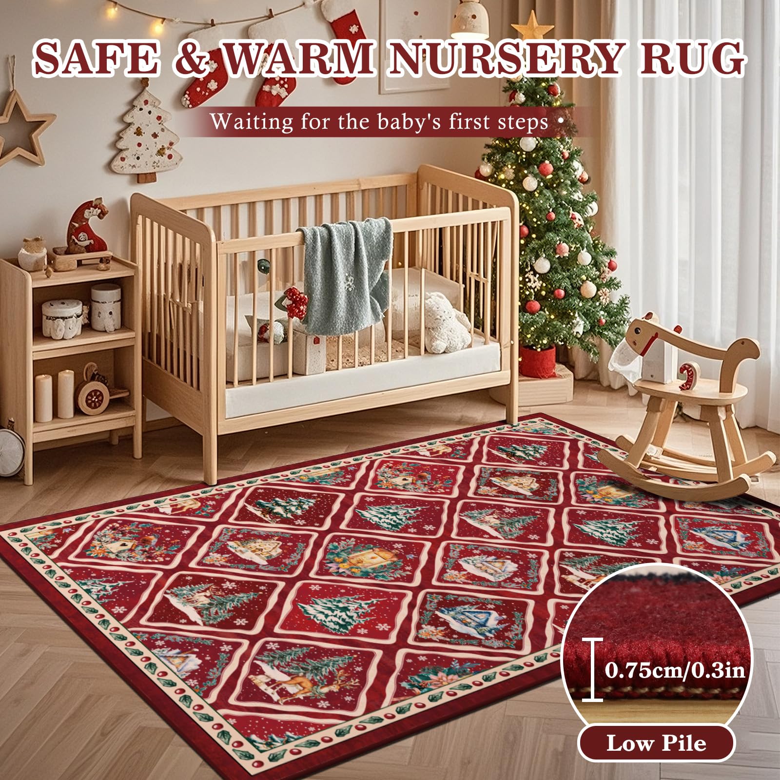 Tapis de Noël pour salon, 120 x 180 cm, lavable, rouge, antidérapant, doux, à poils courts, pour salle à manger, chambre d'enfant, bureau, décoration de vacances