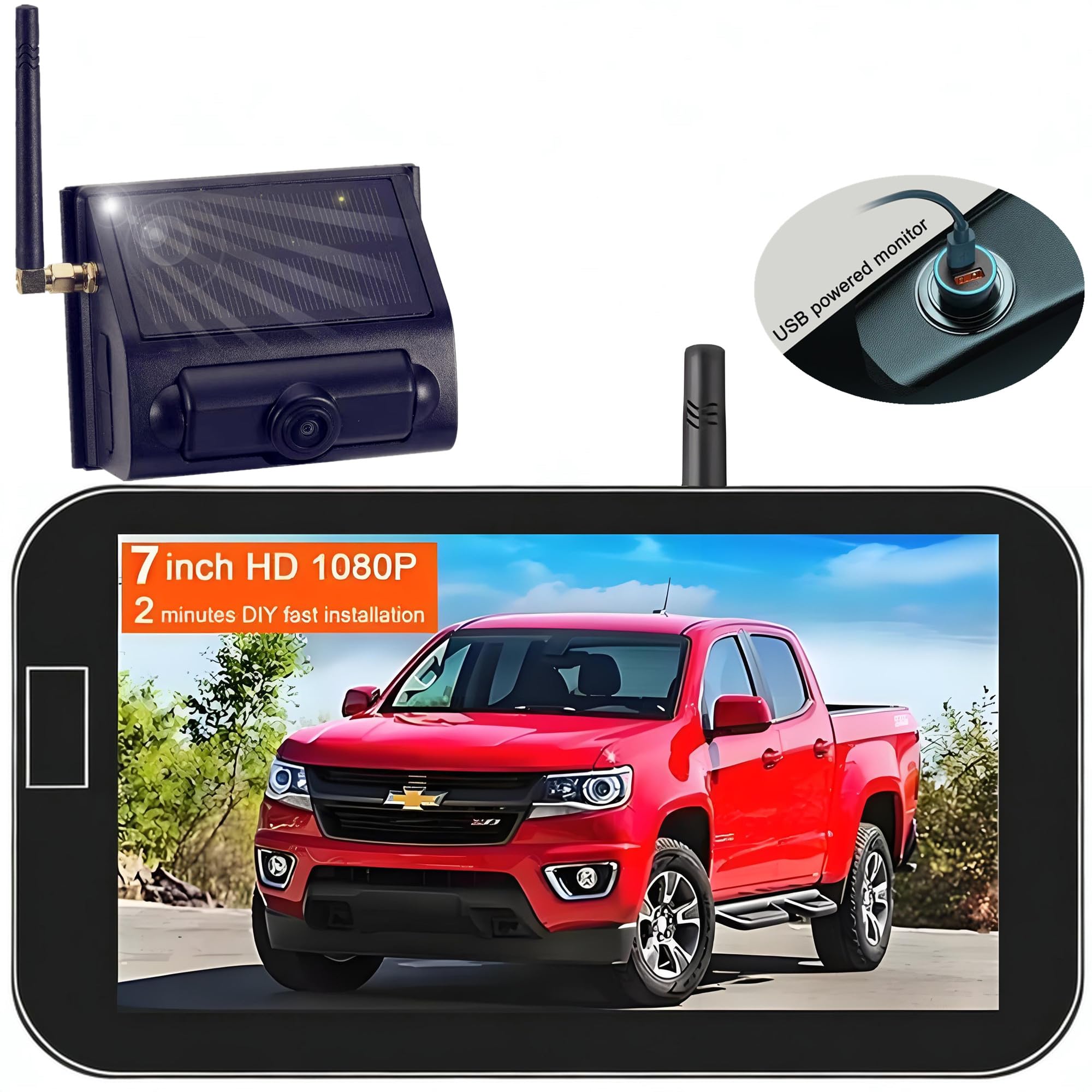 Magnetic Solar Wireless Backup Camera for Trucks, Trailers and Hitches Portable, Cordless, Scratch-Proof, 2-Minute Easy Install, No Wiring,1080P HD Rechargeable RV Back Camera with 7" Monitor YM701