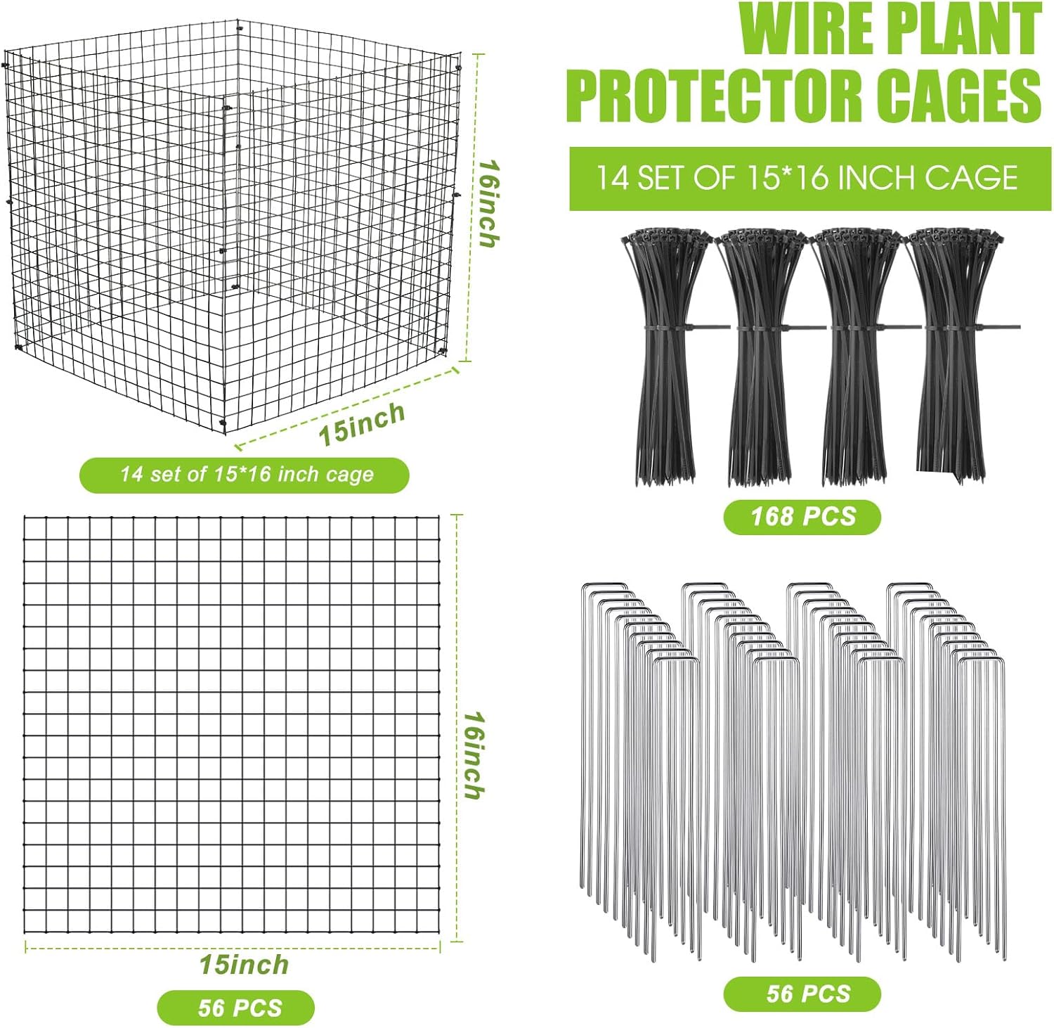Zubebe 14 Pack Small Wire Plant Protectors Square Plant Protectors from Animals Mesh Cage Chicken Wire Cloche for Shrubs and Vegetables with Ground Stakes and Nylon Ties (15 x 16 Inch)