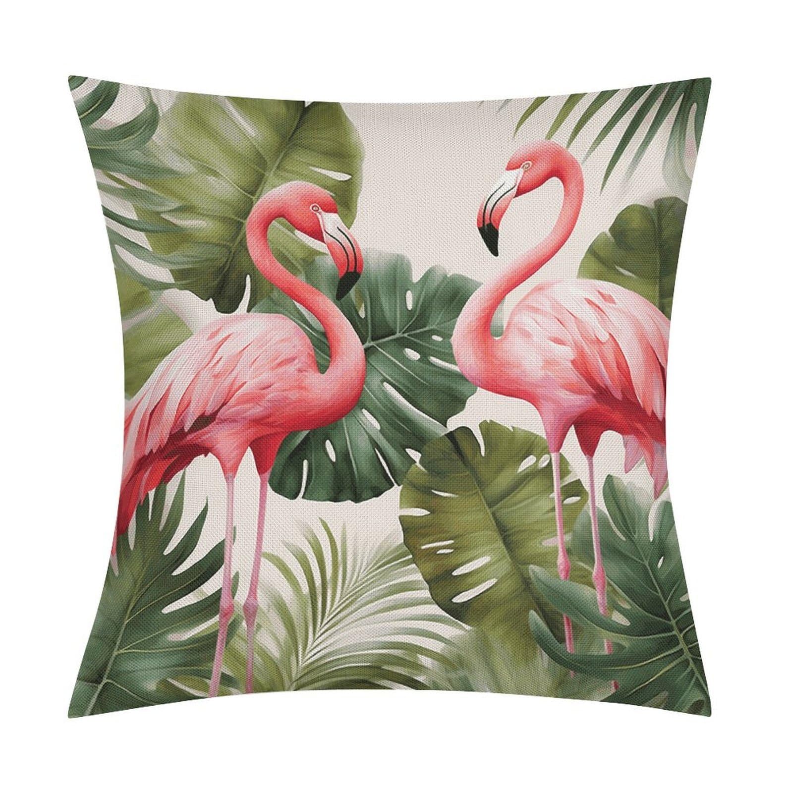 JTREHY Flamingo Palm Trees Leaf Throw Pillow Covers Farmhouse Pillow Cover Standard Pillow Shams Decorative Square Pillowcases Soft Pillow Cases Wrinkle Fade Resistant for Couch Home 18x18 Inch