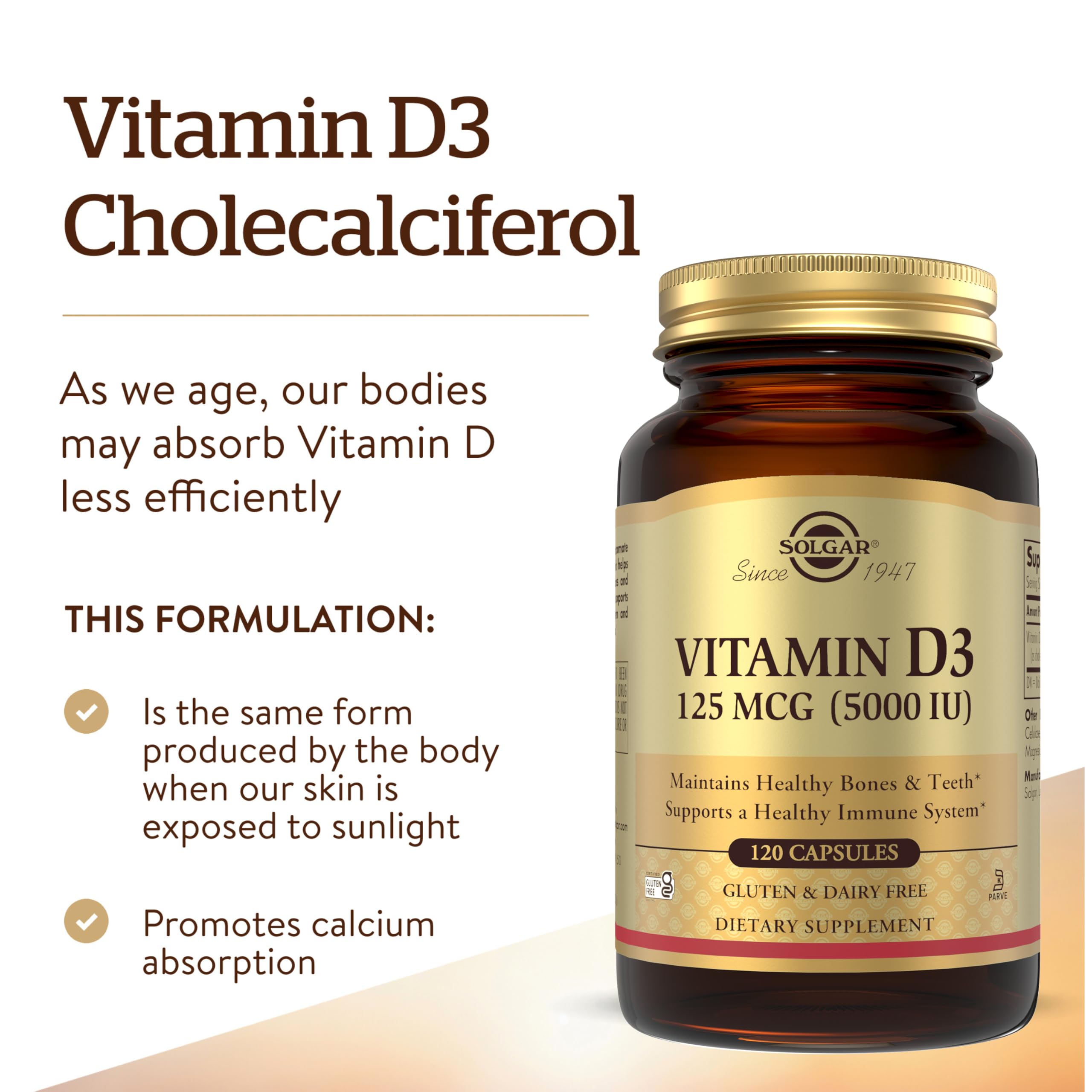 Solgar Vitamin D3 (Cholecalciferol) 125 Mcg (5000 IU), 120 Vegetable Capsules - Helps Maintain Healthy Bones & Teeth - Immune System Support - Non-GMO, Gluten Free, Dairy Free, Kosher - 120 Servings — Amazon image 4