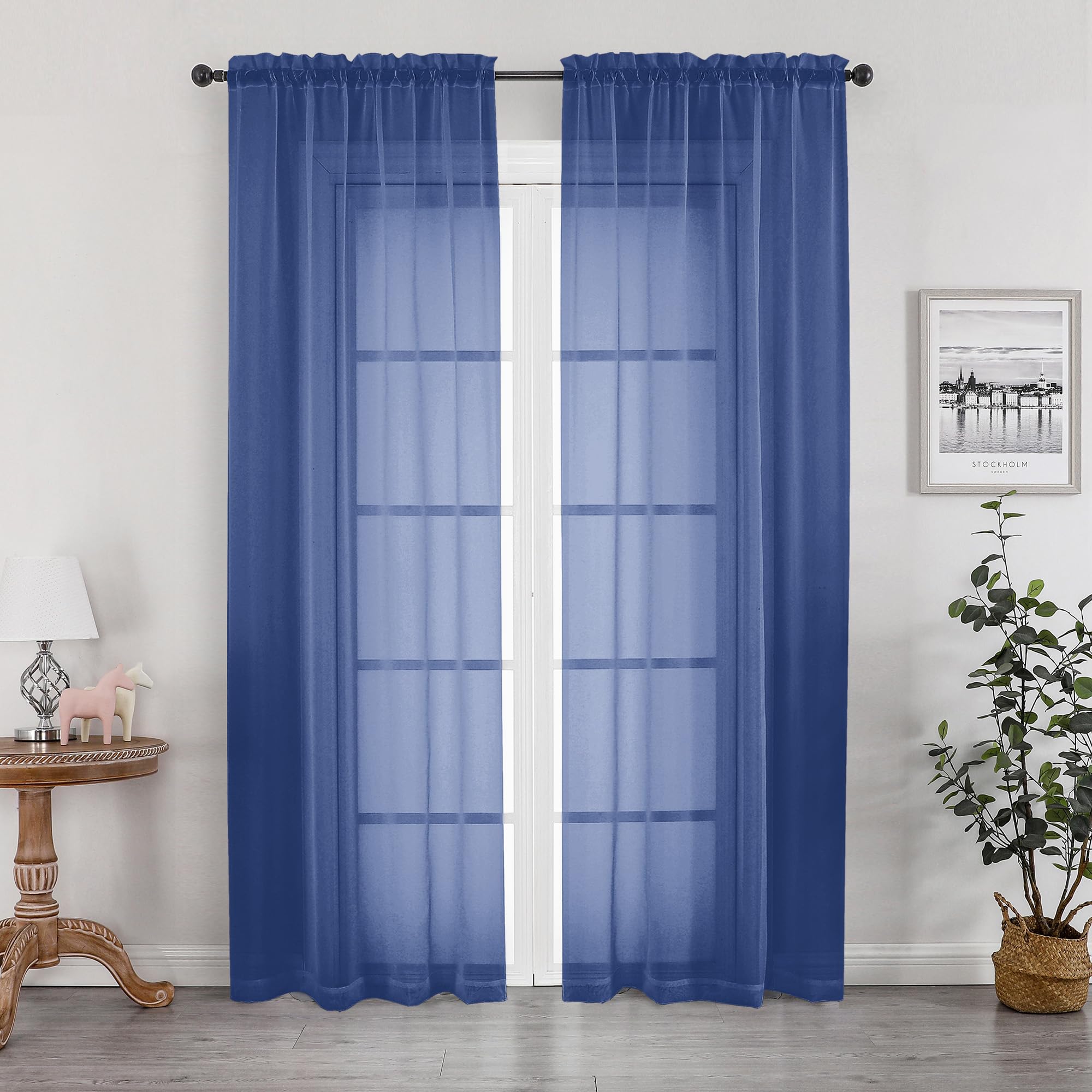 OWENIE Sheer Curtains 78 Inches Long 2 Panels Set for Bedroom Living Room, Light Filtering Voile Blue Sheer Curtain, Airy Rod Pocket Farmhouse Curtains, Royal Blue, Each 42Wx78L inch