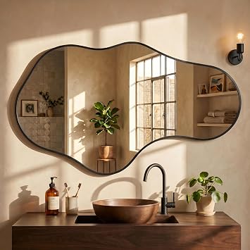 Irregular Wall Mirror, 22"x36" Black Abstract Asymmetrical Mirrors for Wall, Decorative Cloud Aesthetic Mirror for Bathroom, Bedroom, Cloakroom, Entryway, Shatter-Proof Aluminum Alloy Frame