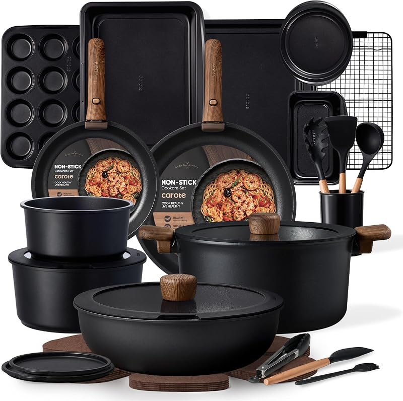 CAROTE 31pcs Pots and Pans Set Non Stick, Cookware Set Detachable Handle | Baking Pans Set, Induction Compatible, Dishwasher & Oven Safe, Space Saving, Camping Cooking Set, Kitchen Set, Black