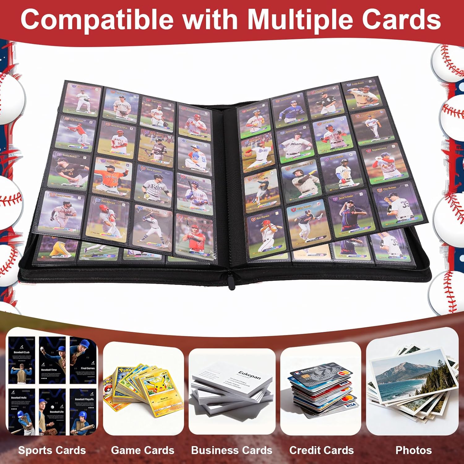 JarThenaAMCS 1024 Pockets Baseball Card Binder 16 Pocket PU Trading Card Holder Sports Cards Collection Album Folder for Game Cards Storage Display