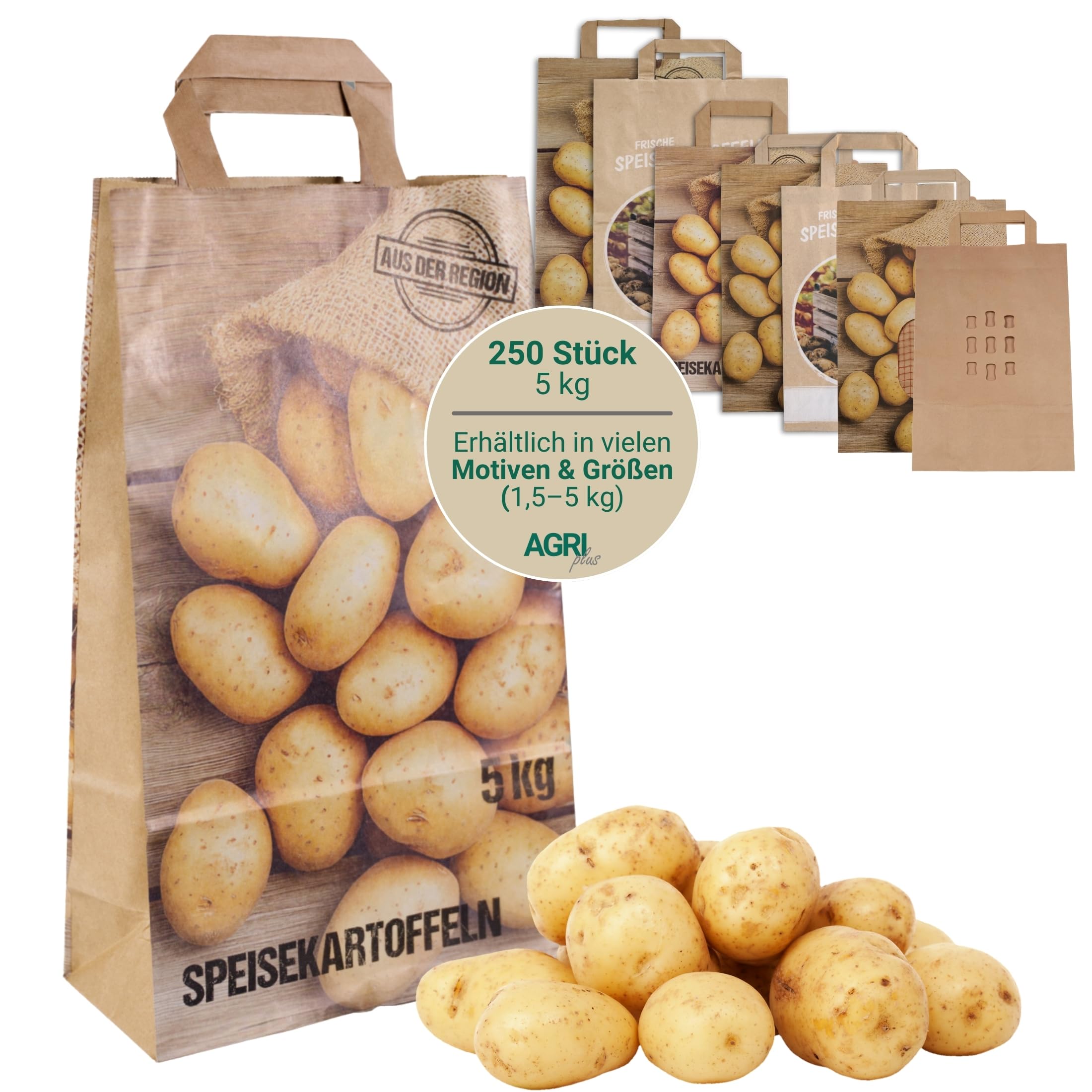 AGRI plus Kartoffeltüten "Kartoffeln aus der Region" 5 kg I 250 Stück I Biologisch abbaubare Papiertragetaschen in 220 x 100 x 360 mm I Robuste Kartoffeltragetaschen aus 90 g/m² Kraftpapier