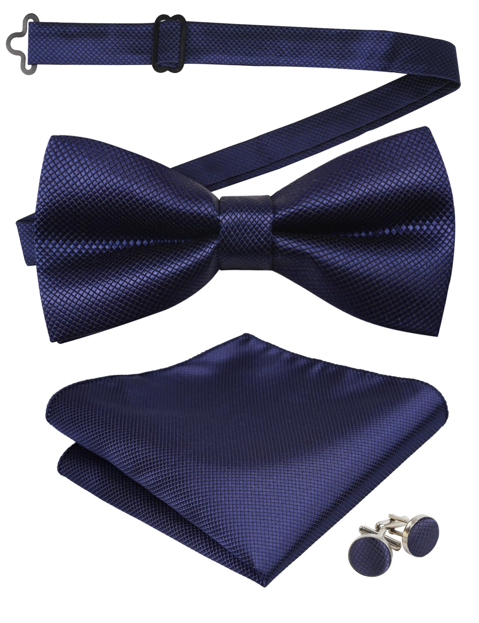 Alizeal Solid Pre-tied Bow Tie Cufflinks Hanky Set for Men Neck Wear, Dark Navy