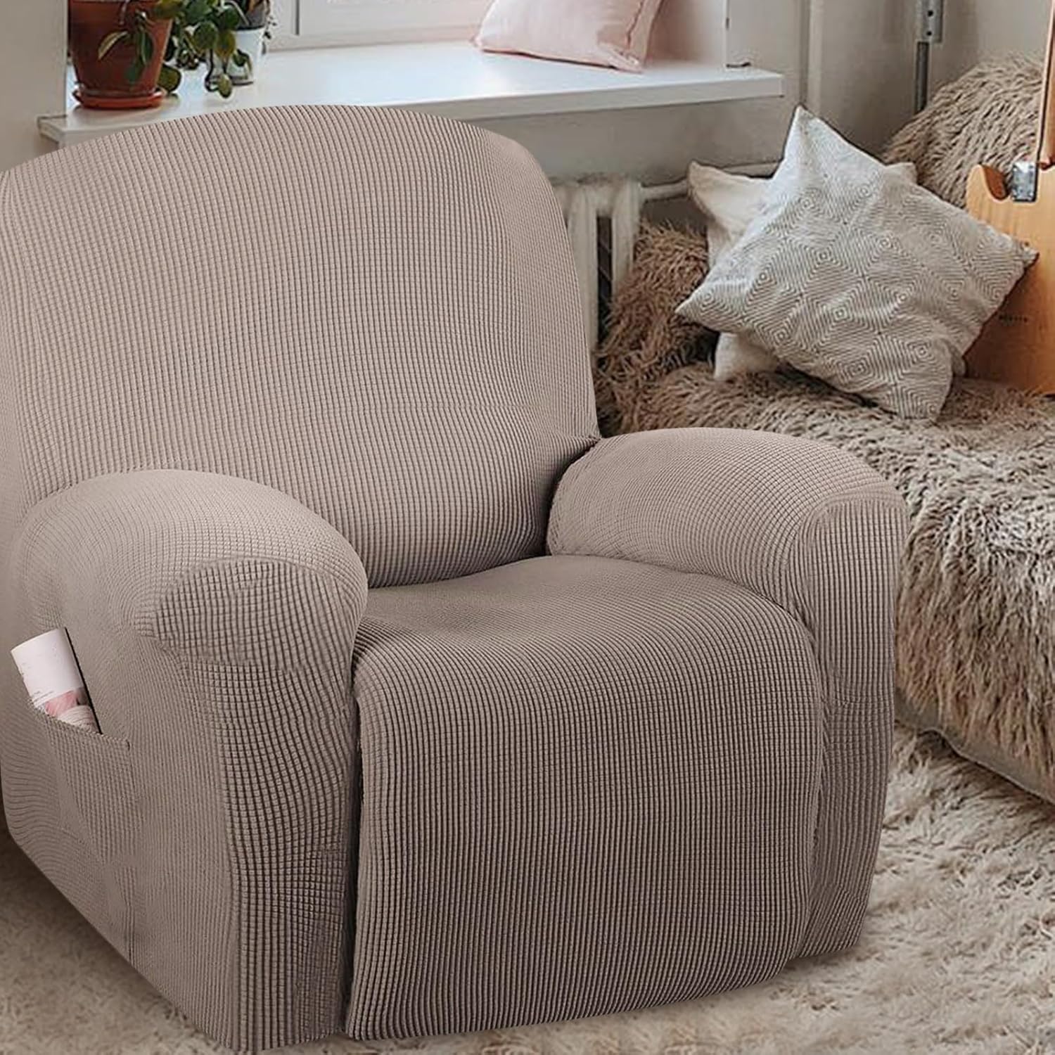 Recliner Sofa Slipcover Chaise Lounges Cover Stretch Fleece Fabric Thickened Brown Elastic Full Wrap Chair Protector for Living Room