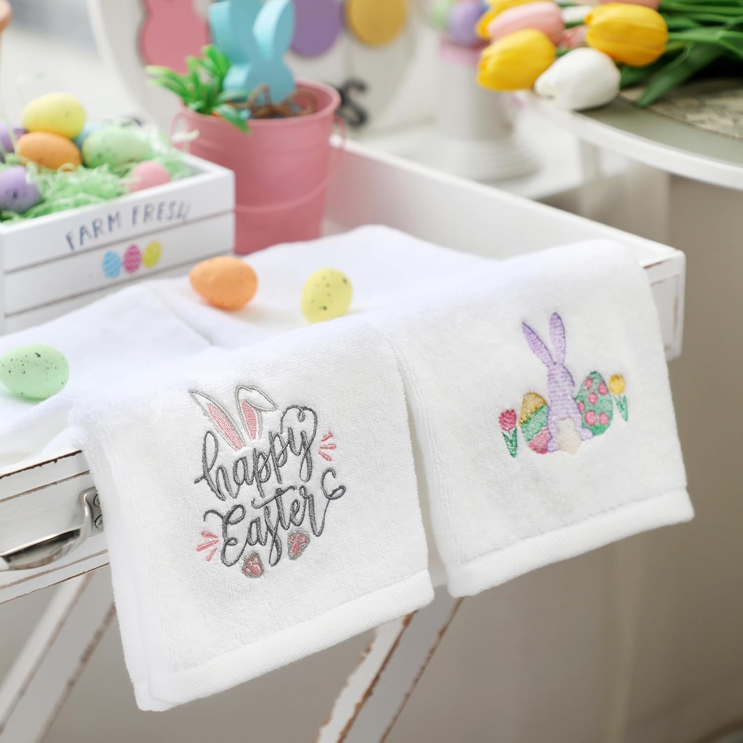 Easter Hand Towels 100% Cotton Embroidered Happy Easter Bunny Decorative Bathroom Kitchen Dish Towels Set Gift Set of 2 14x29 inch - Image 7