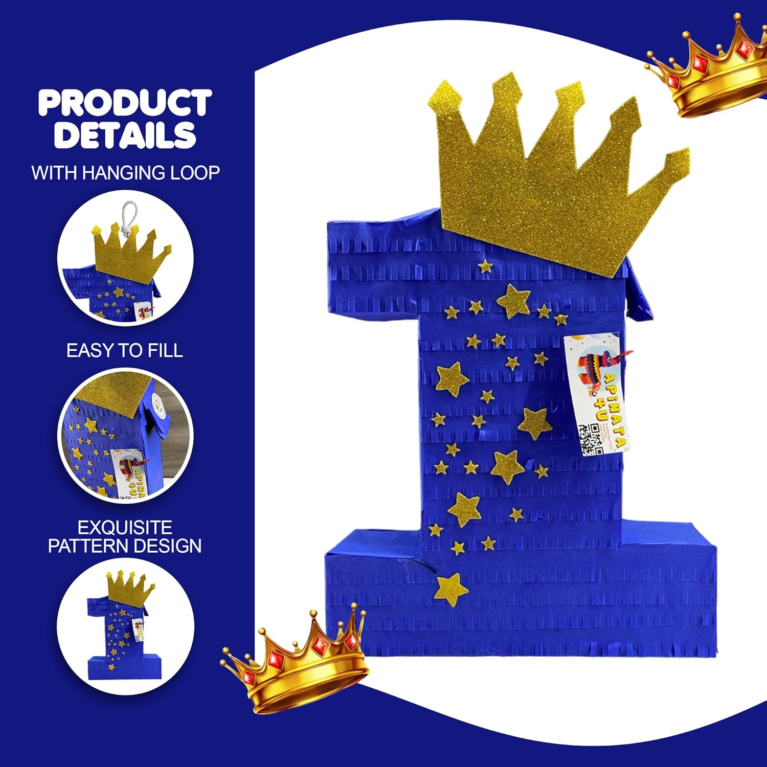 APINATA4U Number One Pinata, Royal Blue with Gold Crown Pinata for Kids, First Birthday Party Decorations, Gift for Princess on First Birthday, Handmade Number One Themed, 20 X 16 X 4 Inches