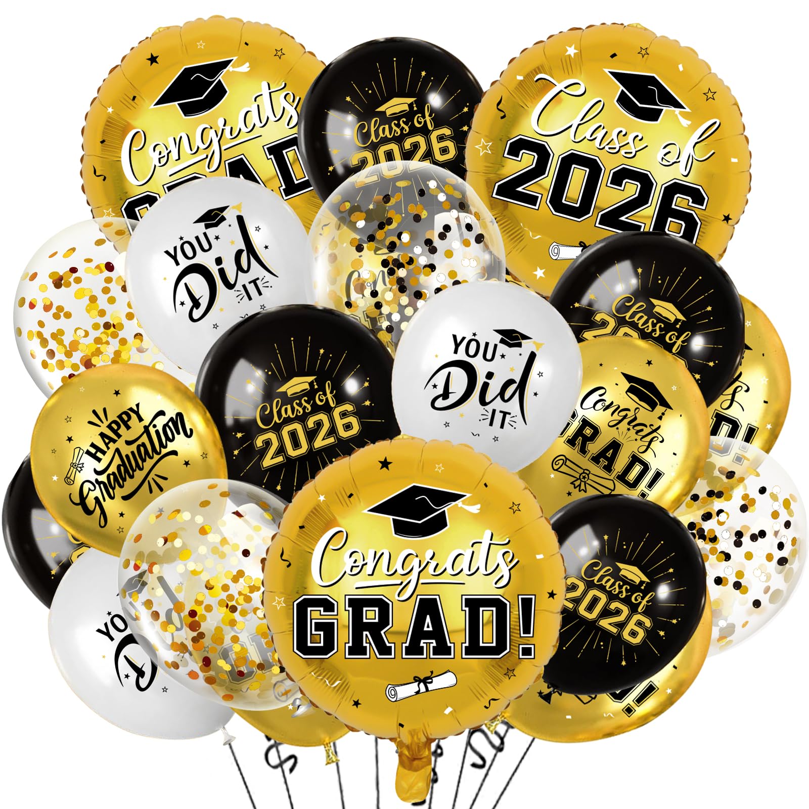 Black and Gold Graduation Balloons Graduation Decorations 2026, 51Pcs Grad Latex Balloons and Grad Foil Balloon with Confetti Ribbons Grad Party Decorations for College High School
