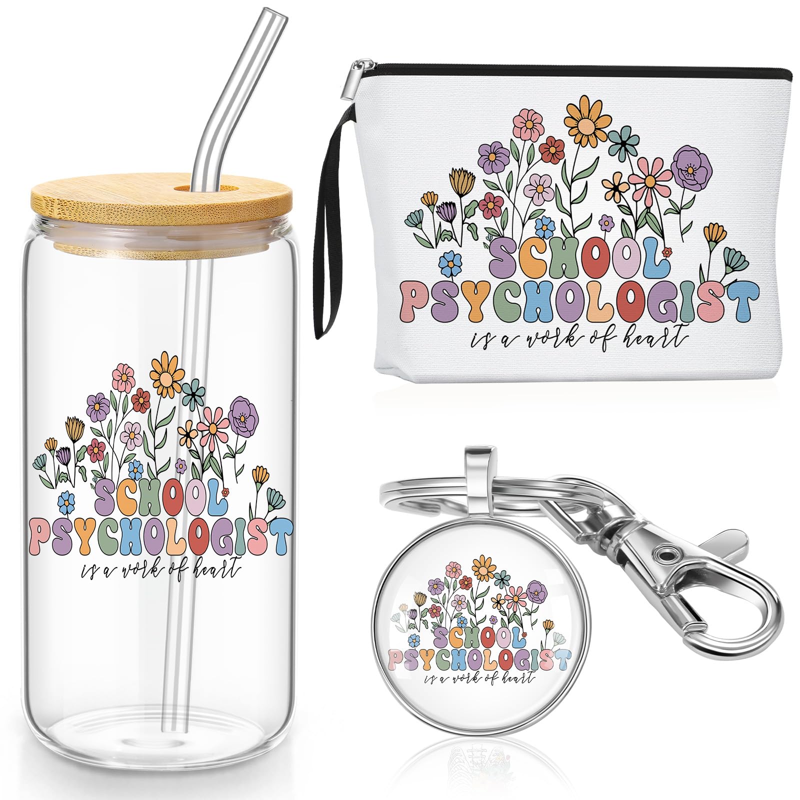 Kacctyen School Psychologist Gift Set for Women, Appreciation Gifts Includes Makeup Bag, 17 oz Glass Cup with Lid and Straw & Keychain, Thank You for School Psychologists