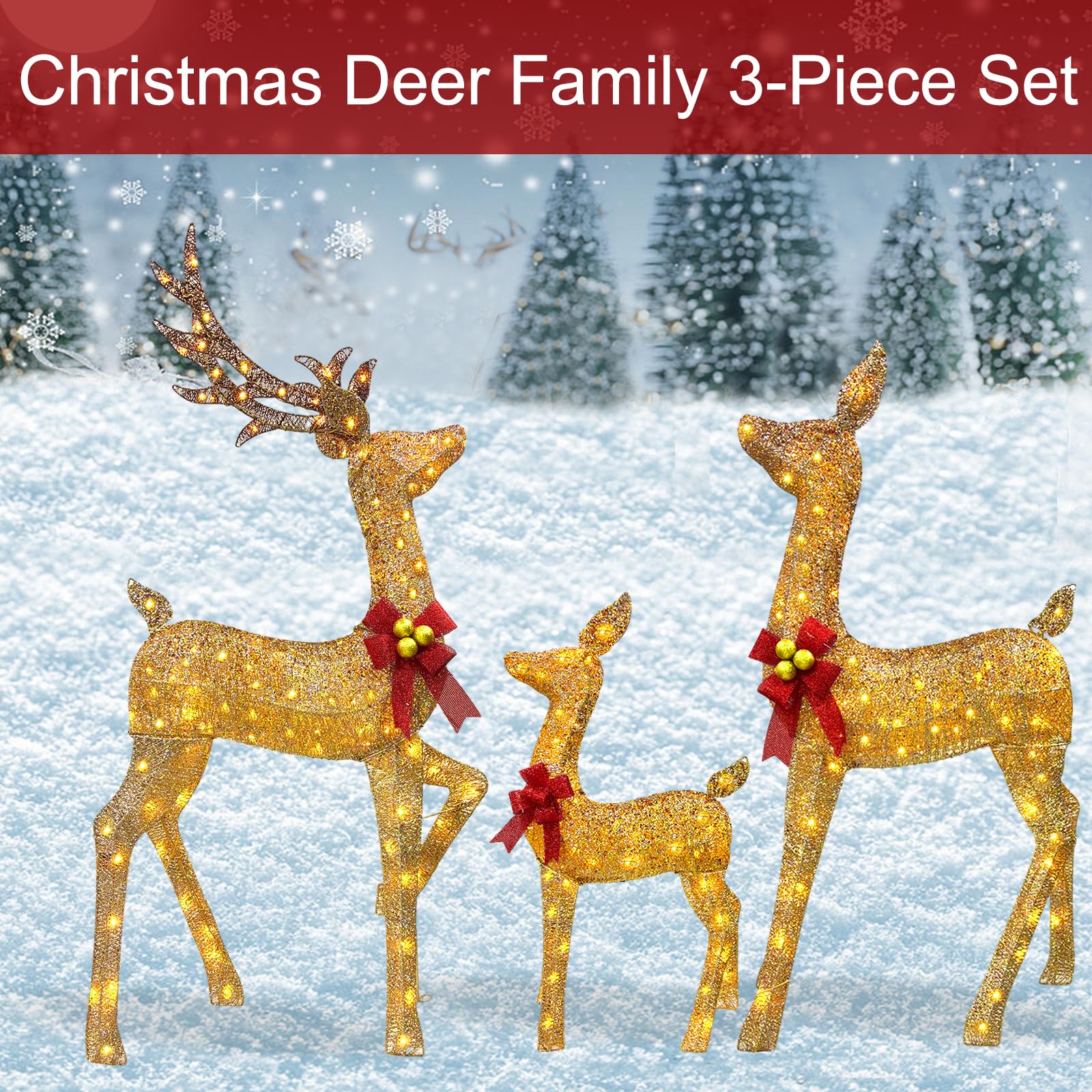 Lot de 3 grandes familles de cerfs de Noël lumineux 3D avec 220 lumières LED, prise - Doré