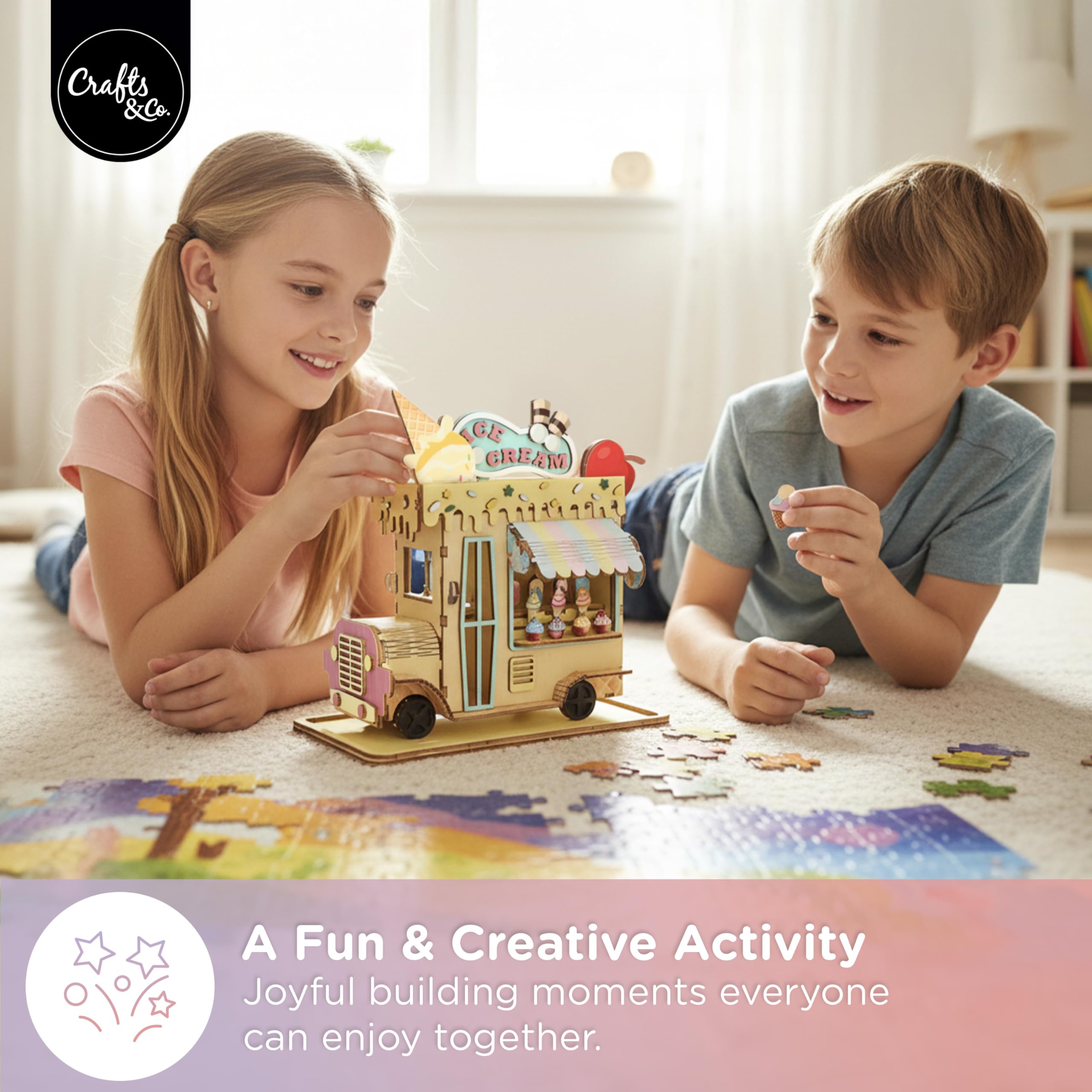 Crafts&Co Puzzle in legno 3D, fai da te, in miniatura in legno, per bambini e adulti, set creativo per rilassarsi e decorare, dimensioni: 16 x 8 x 10 cm, giallo