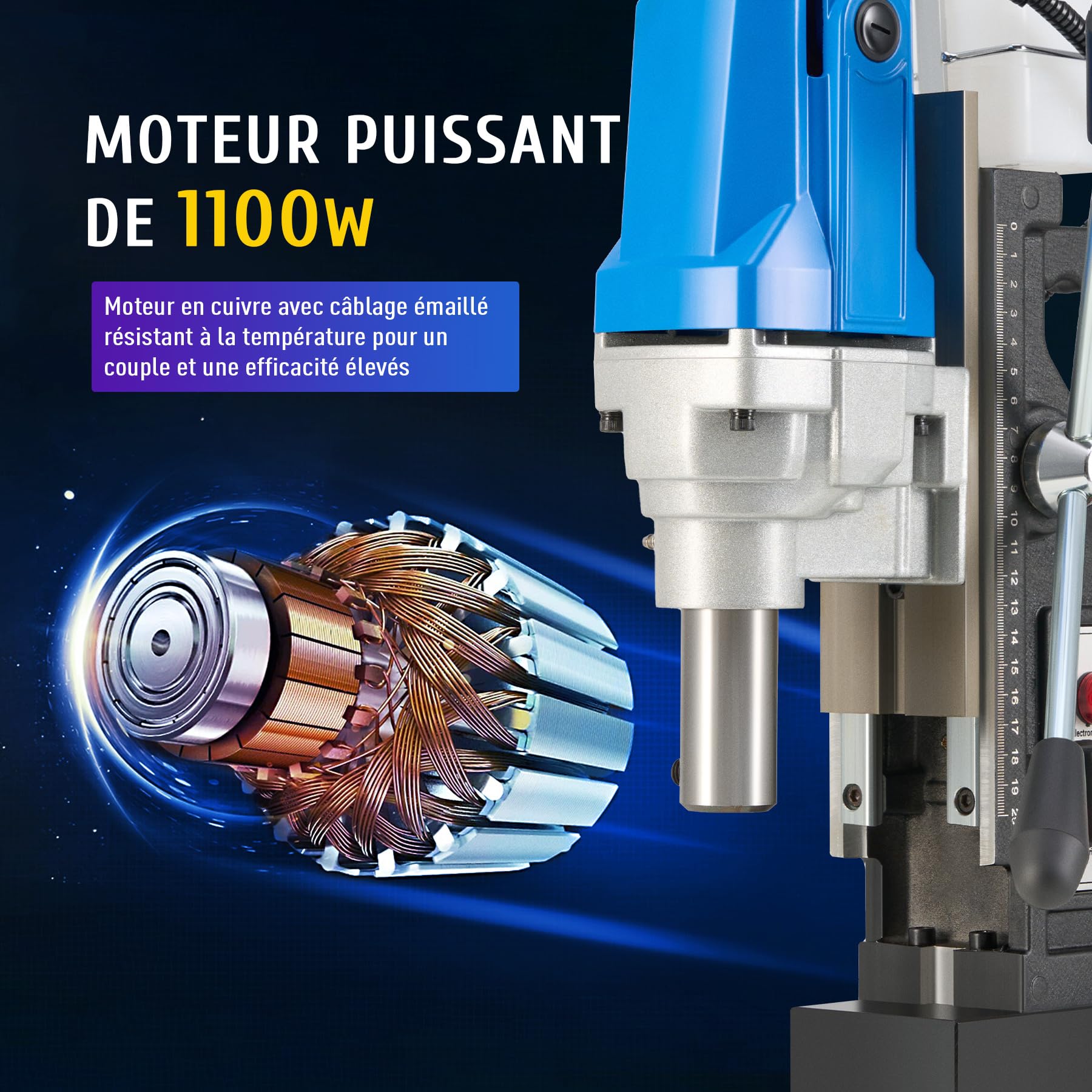 ZELCAN 1100W Perceuse Magnétique Portable Diamètre 40mm Profondeur 50mm Moteur en Cuivre Perceuse à Colonne Électrique 550 tr/min avec Base Électromagnétique 12000 N