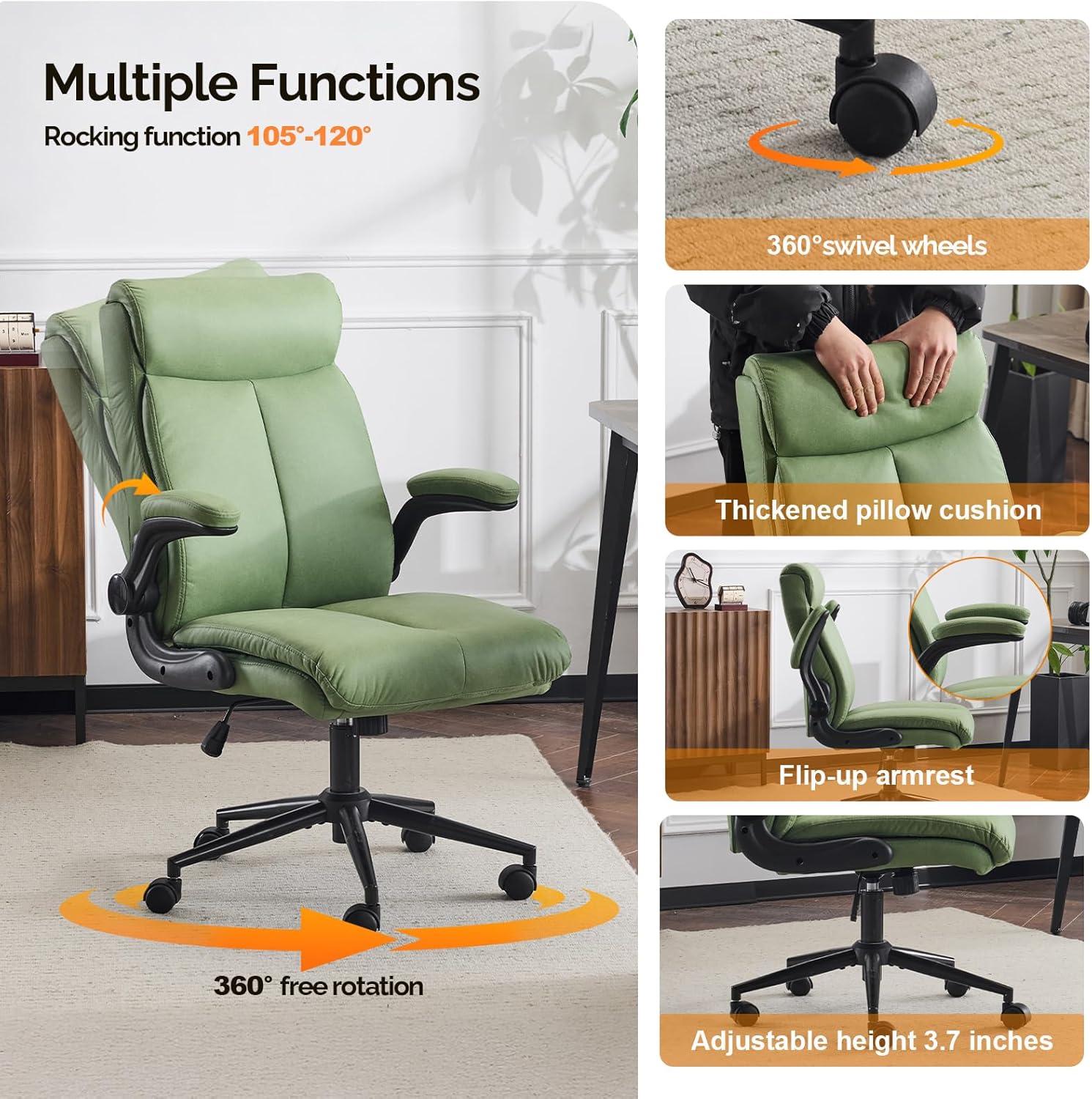 VINGLI Rolling Ergonomic Office Desk Chair with Padded Flip-up Arms, 360° Swivel High Back Executive Computer Task Chair with Wheels for Game,Home Small Space, Study Room, Reading Room,Pu Green