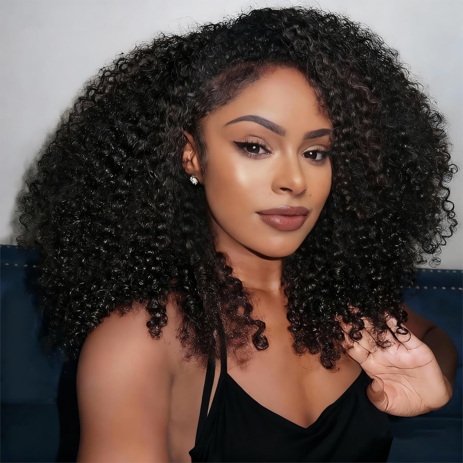 Kinky Curly Half Wig Human Hair 180% Density 3 In 1 Seamless Flip Over Half Wigs Human Hair Glueless Wear and Go Kinky Curly Wig with Drawstring Headband Wigs for Women Invisible Hairline 16 Inch