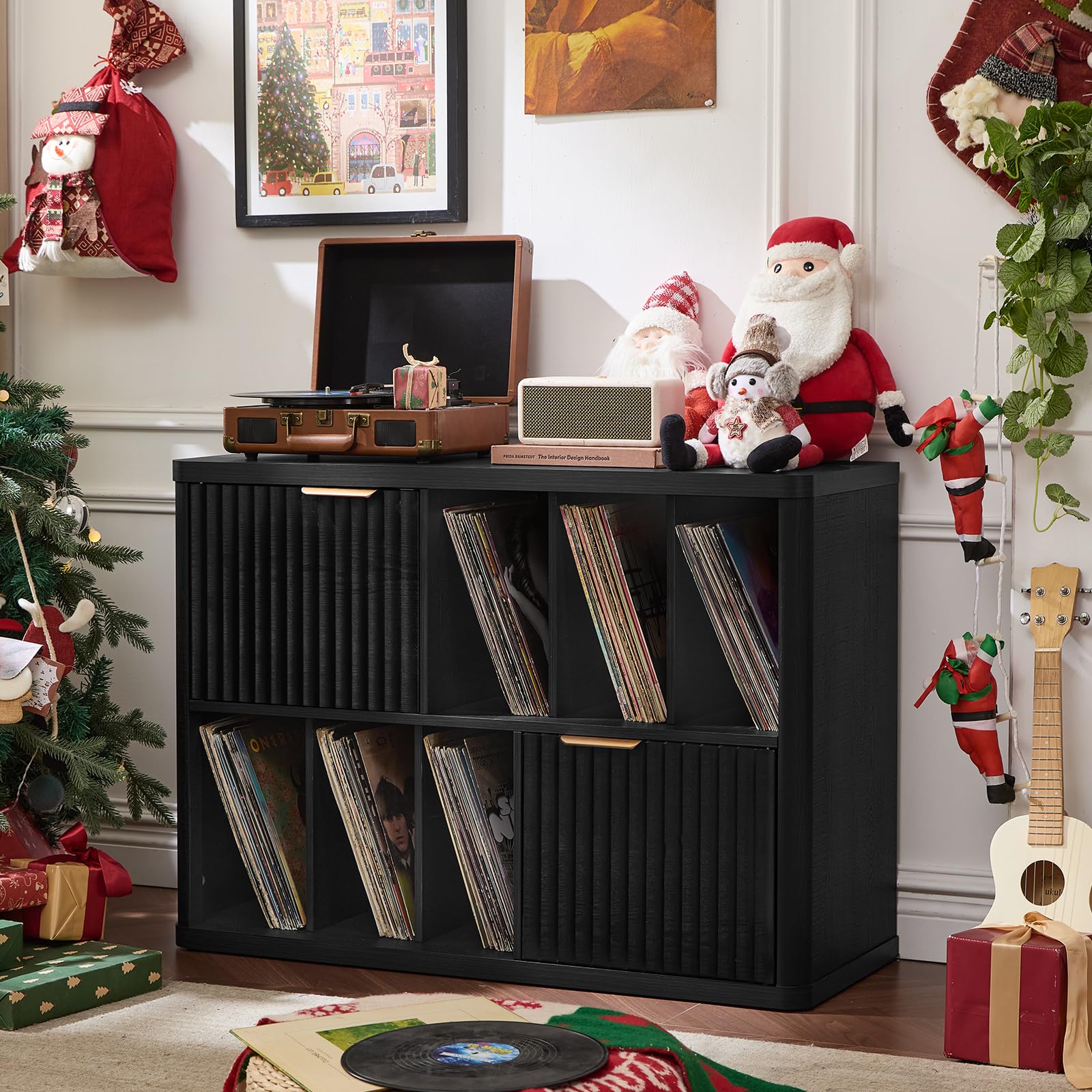 LEYAOYAO Large Record Player Stand with Vinyl Storage Up to 450 Albums, Wood Fluted Boho Record Storage Accent Cabinet, Modern Stereo Media Cabinets, Wide Turntable Stand for Living Room, Black Oak