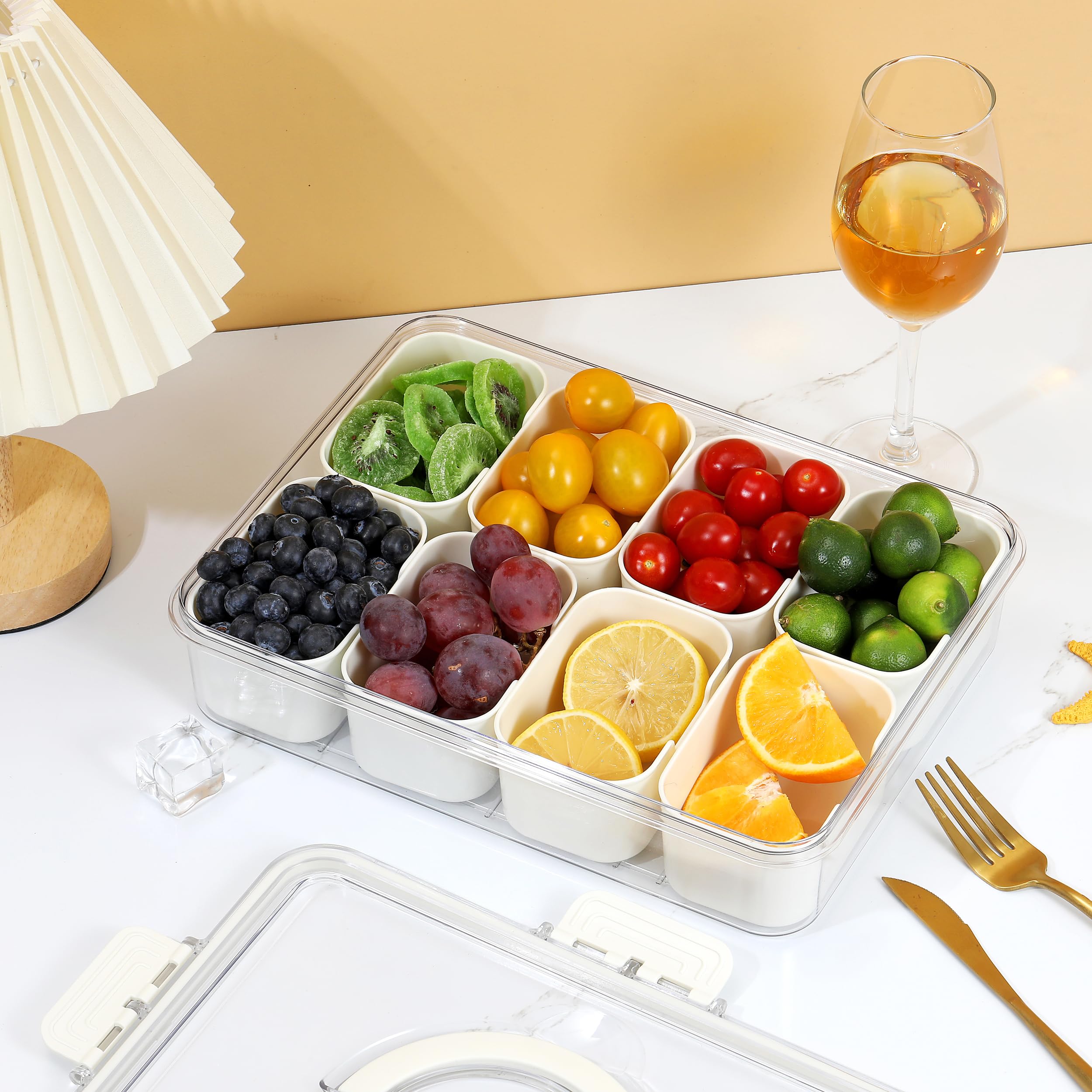 Bandeja Dividida Con Tapa De 8 Compartimentos – Organizador De Aperitivos, Frutas Y Frutos Secos (31x21.5x6.5cm)
