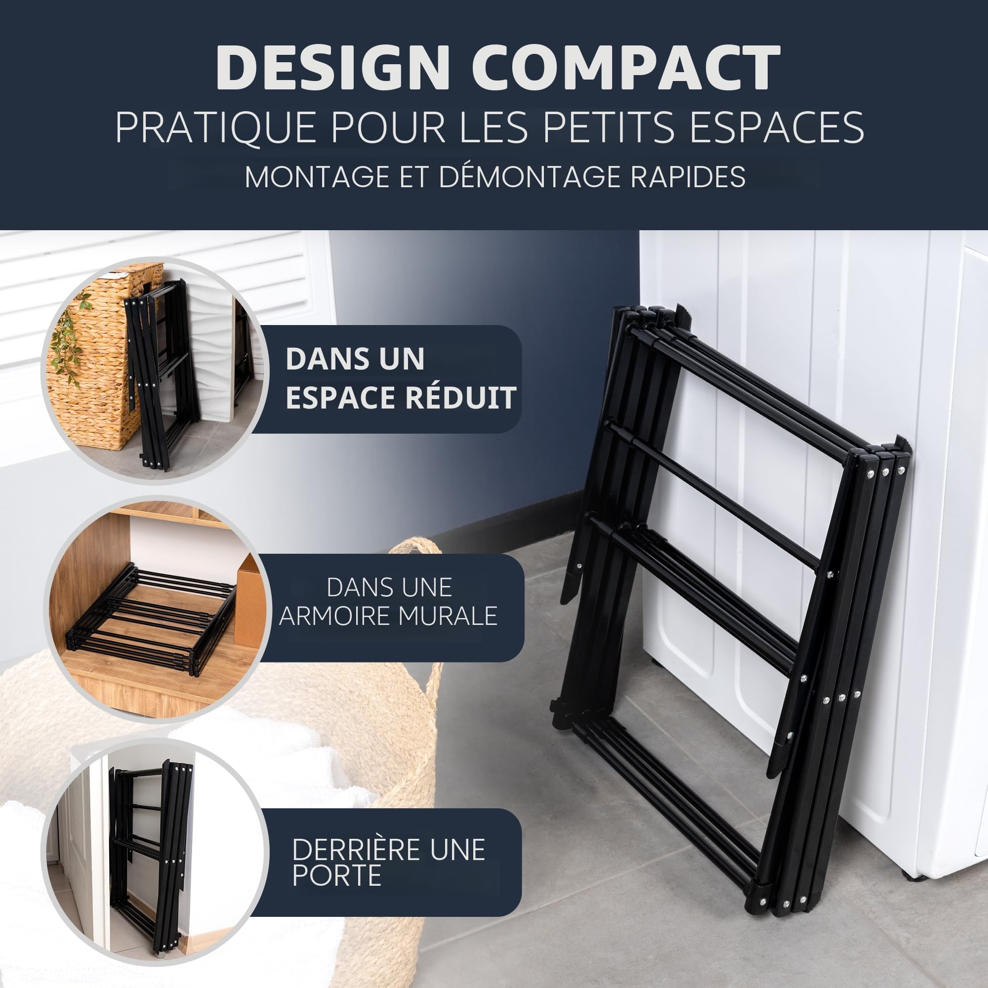 Séchoir à Linge Pliable, Robuste, Peu encombrant, 6 Niveaux avec 11 Barres, Pliable et Extensible, Petit, Balcon en Noir (Blanc)