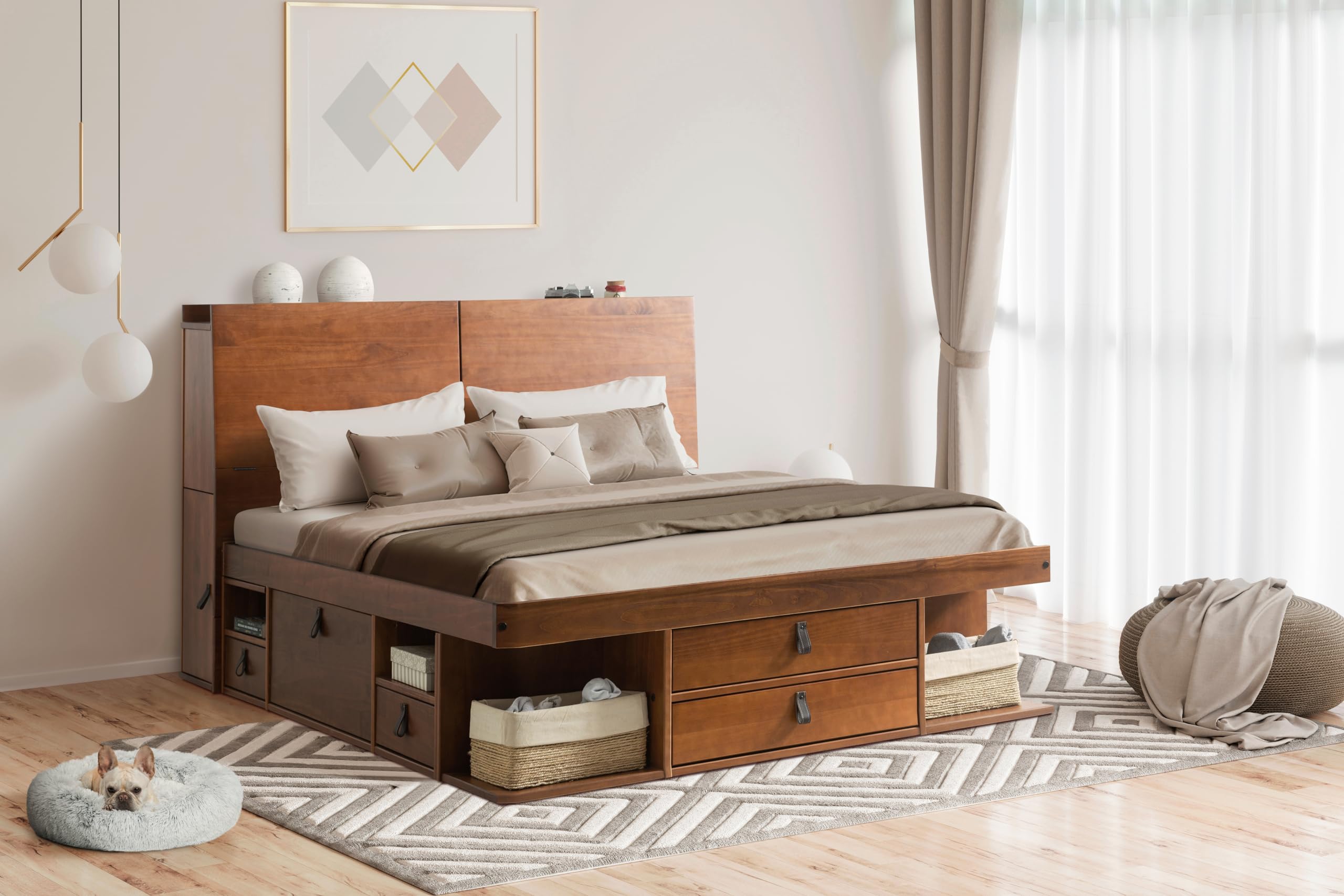 memomad Bali Set: Storage Platform Bed with Drawers + Bookcase Headboard (Queen Size, Caramel Brown Wood)