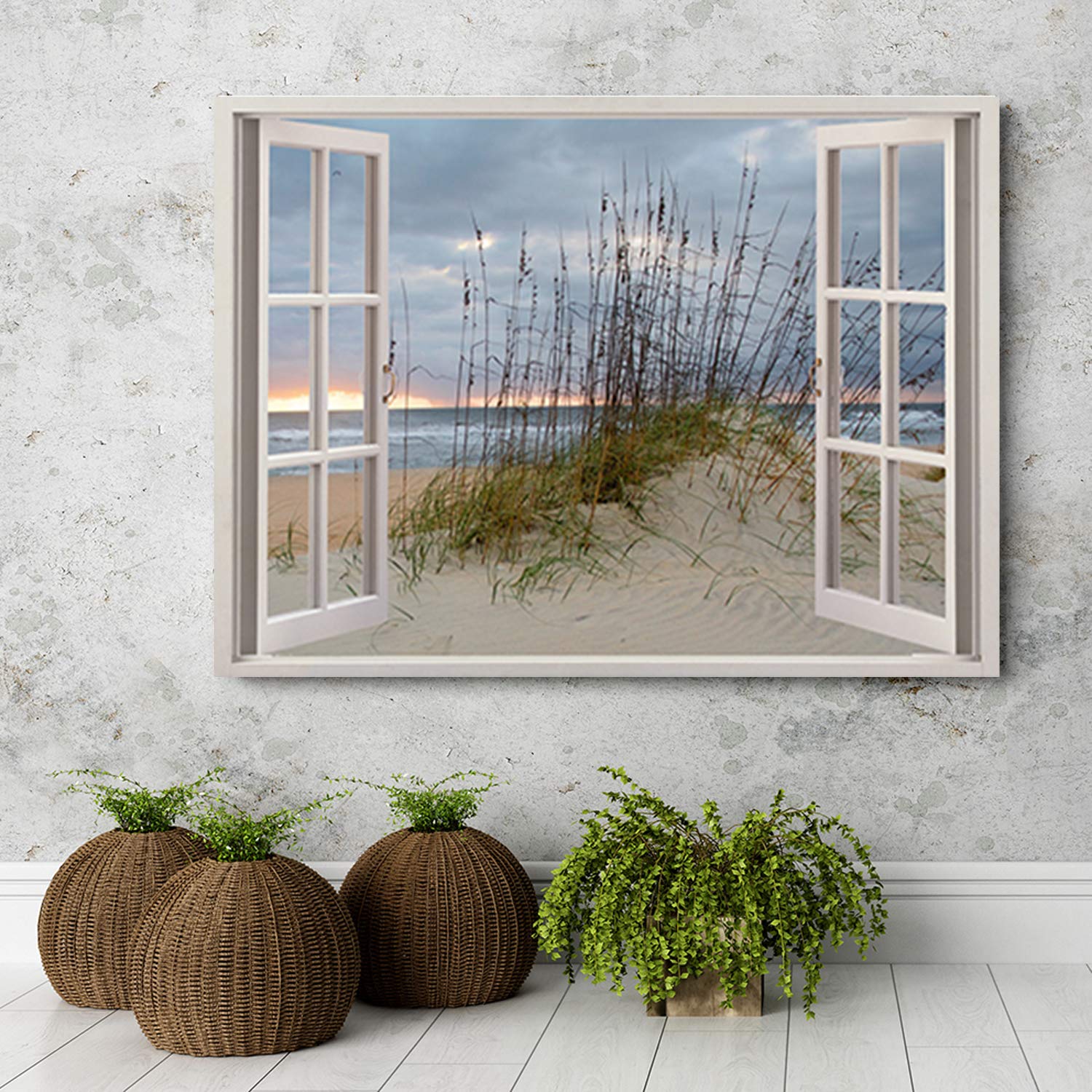 Feeby Tableau sur toile XXL plage Art Image Deco Fenetre Vue 3D multicolore 120x80 cm