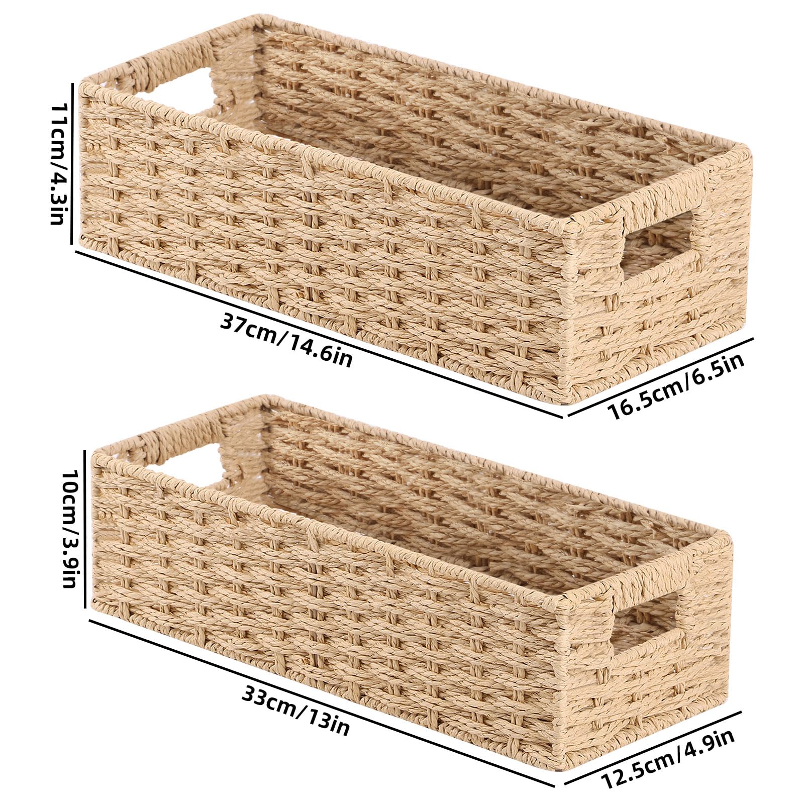 Panier Rangement Avec Poignées, pour Penderie, Salon, Dressing, Chambre, Ensemble de Deux, Grand 37×16.5×11cm, Petit 33×12.5×10cm, Naturel