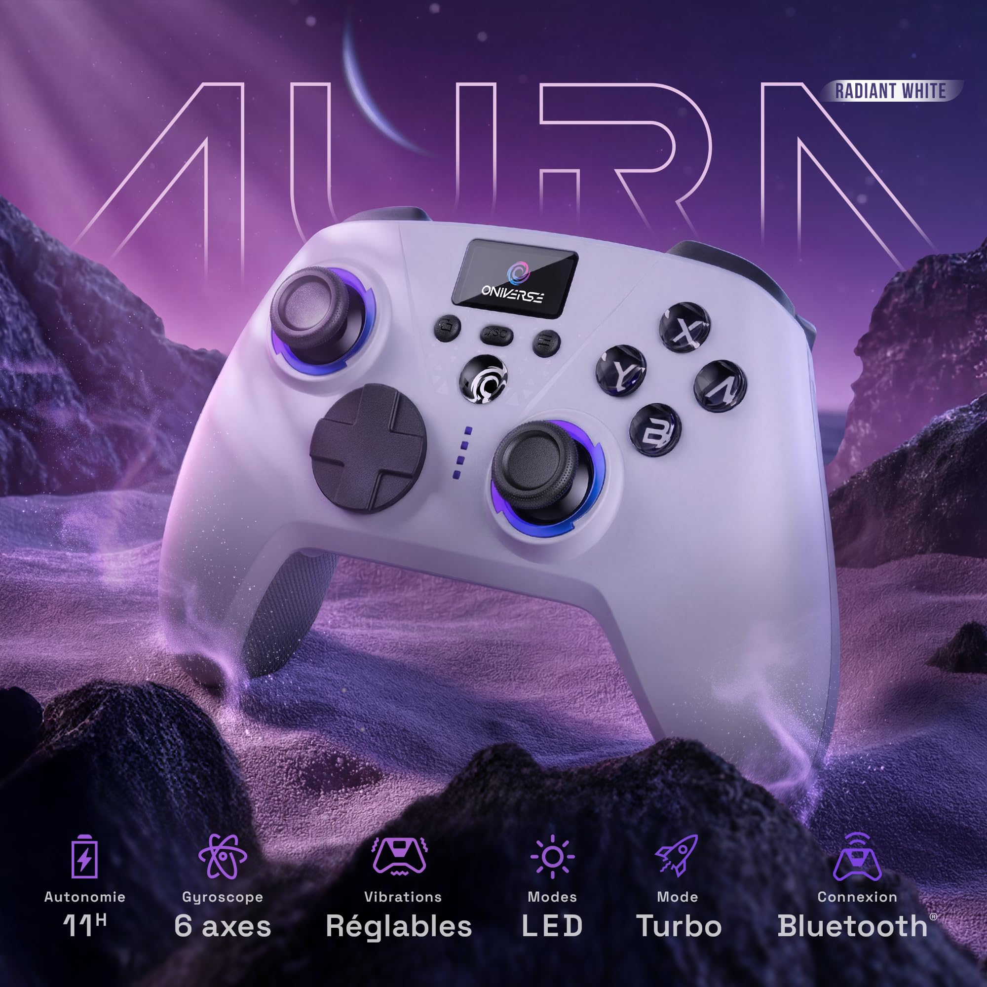 Oniverse Manette sans fil pour Switch 2/Switch/OLED/Lite/PC/Mobile, Écran intégré, Joysticks et gâchettes Hall Effect, 11h, Tactile switch D-pad, Boutons macro arrière mécaniques - Aura (White)