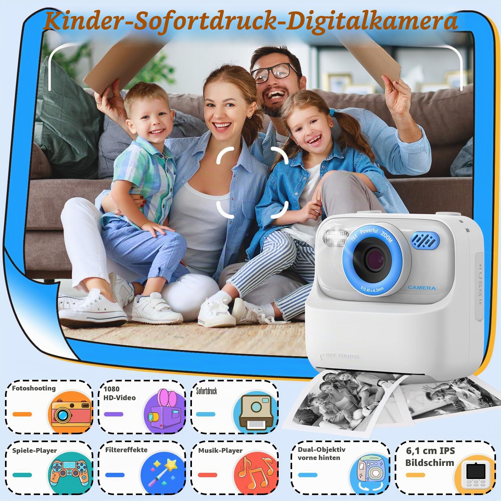 Upgrade Kinderkamera Sofortdruck für Jungen und Mädchen, 1080P HD Dual-Linse Selfie Digitalkamera mit Druckpapier, Weihnachten Geburtstag Geschenke Spielzeug für Kleinkind und Jugendliche