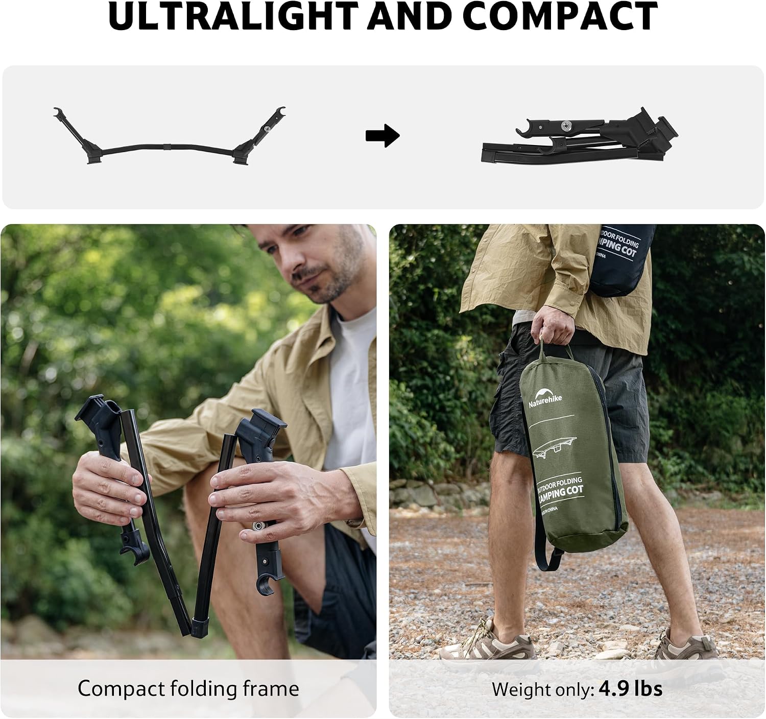 Naturehike ArmyWild Folding Camping Cot Height Adjustable Ultralight Backpacking Cot Portable Camping Bed for Camping Hiking Travel Home
