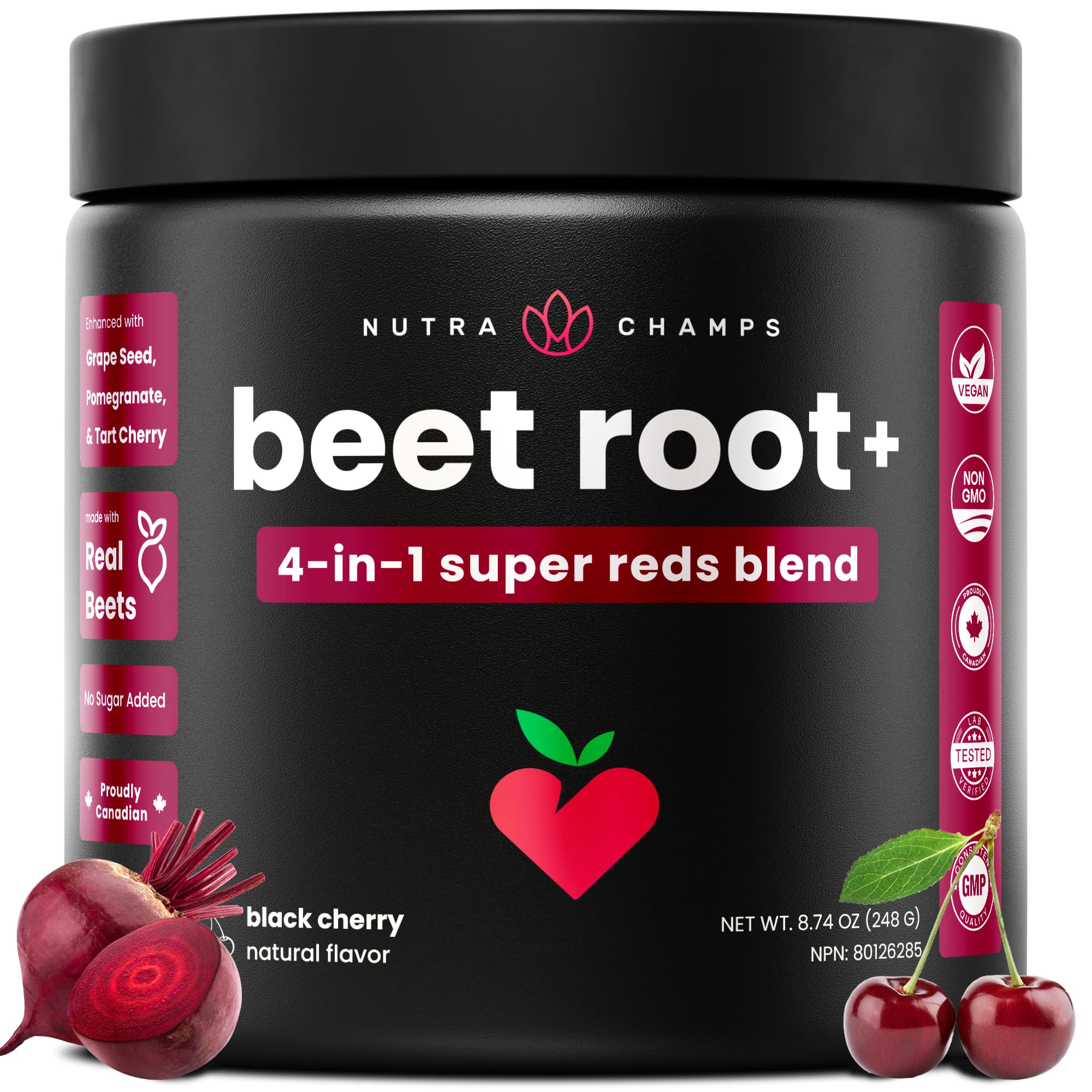 Suplemento circulatorio de raíz de remolacha NutraChamps, superalimento en polvo con óxido nítrico, jugo de remolacha, polvo Super Reds y extracto de semilla de uva, sin azúcar, 8.74 oz