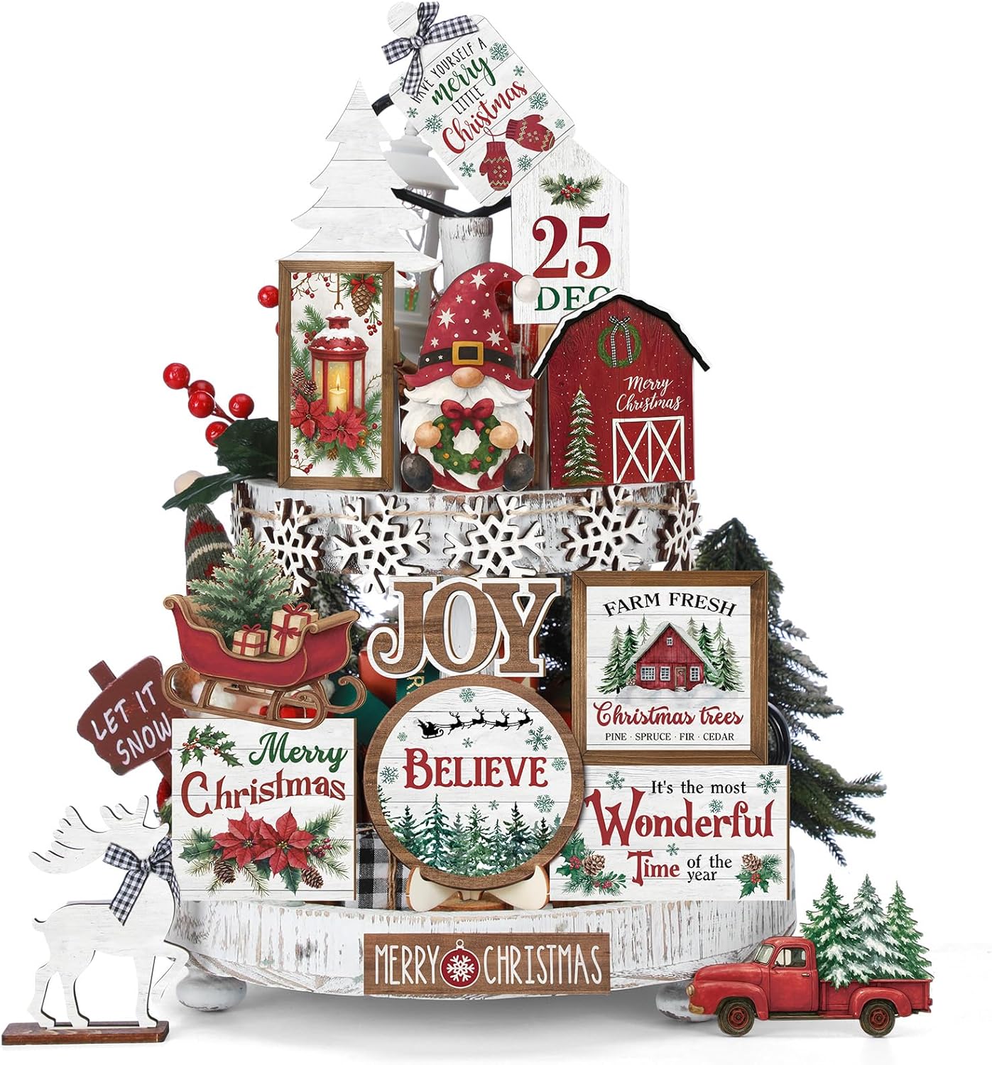 Holiday Tiered Tray Decor Christmas Tiered Tray Decorations Set Truck Wooden Signs Farmhouse Table Decorations for Home Table Shelf (Wonderful)