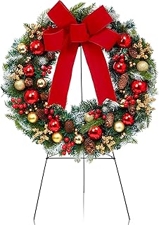 Crowye 24in Christmas Cemetery Wreaths for Graves with 30 Inch Wreath Easel Stand Outdoor Cemetery Stand Decoration Red Bows Xmas Headstone Decor for Memorial Ornament Supplies(Retro)