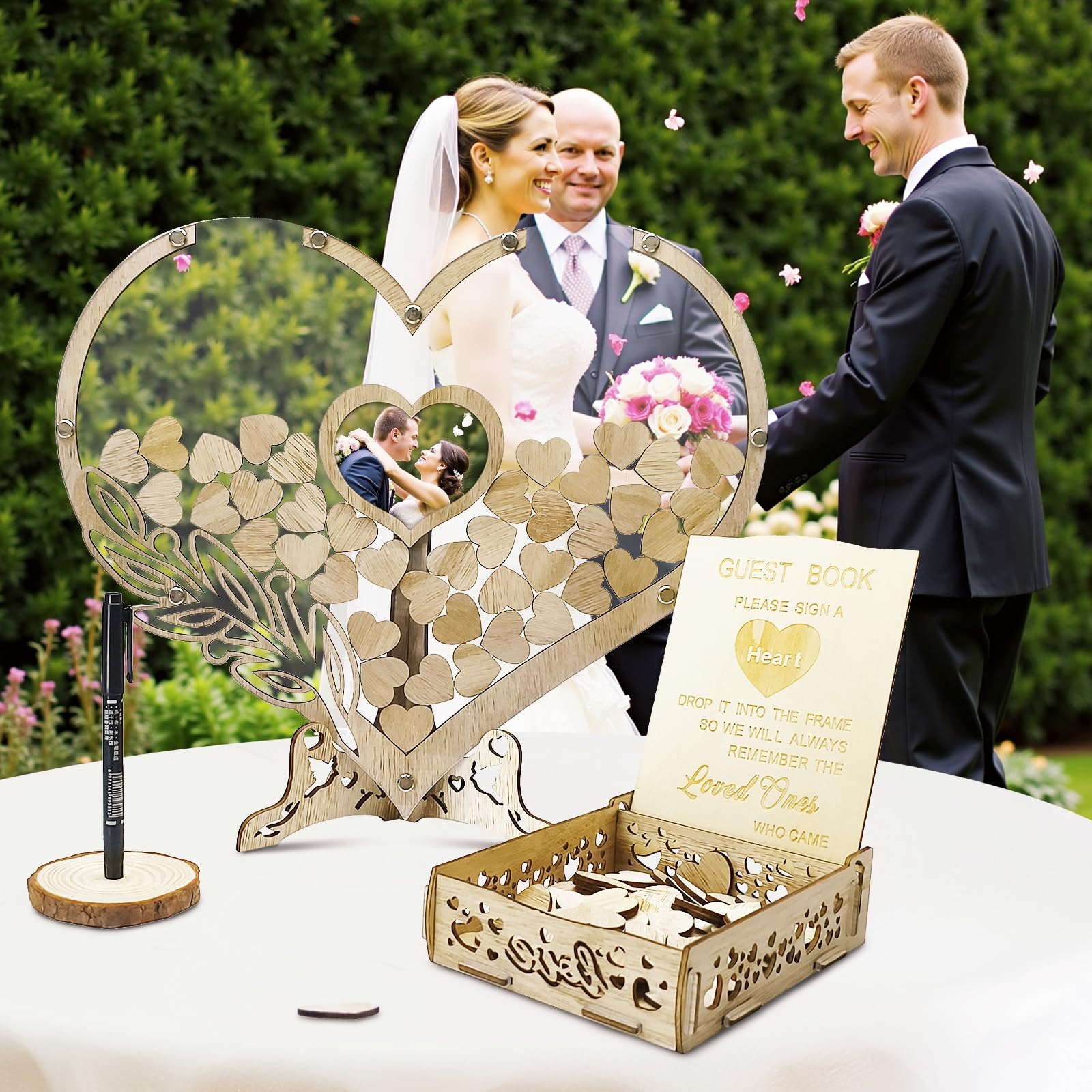 Hochzeitsgästebuch-Alternative – Rustikales herzförmiges Gästebuch aus Holz mit 100 Holzherzen für Hochzeit, Party, Geburtstag, personalisierte Hochzeitsdekoration mit Gäste-Anmeldebox und Herzrahmen