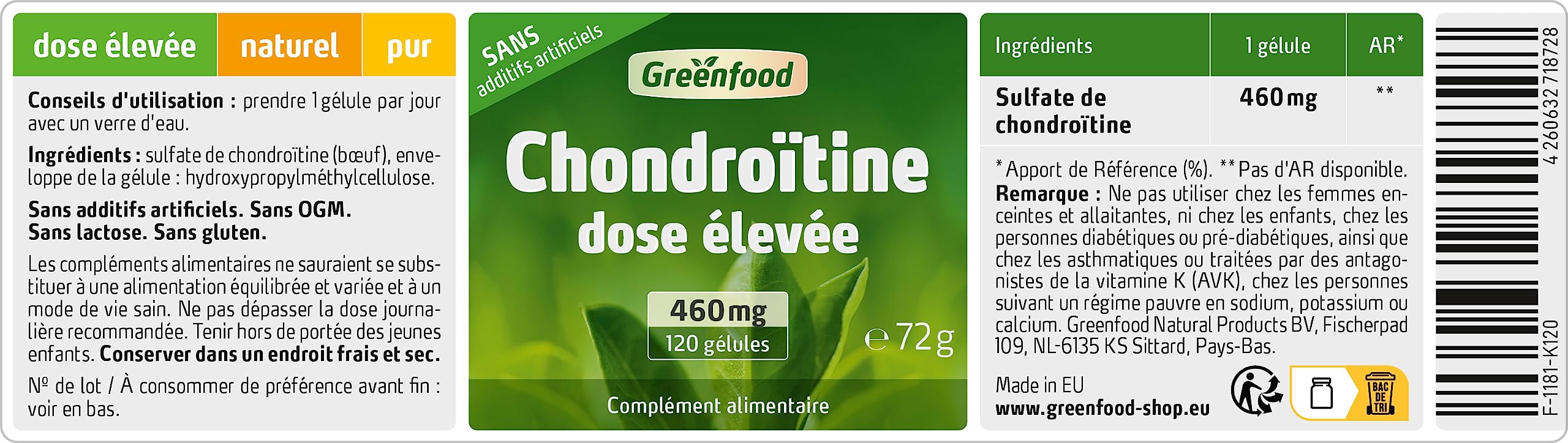 Greenfood Chondroïtine, 460 mg, 120 gélules