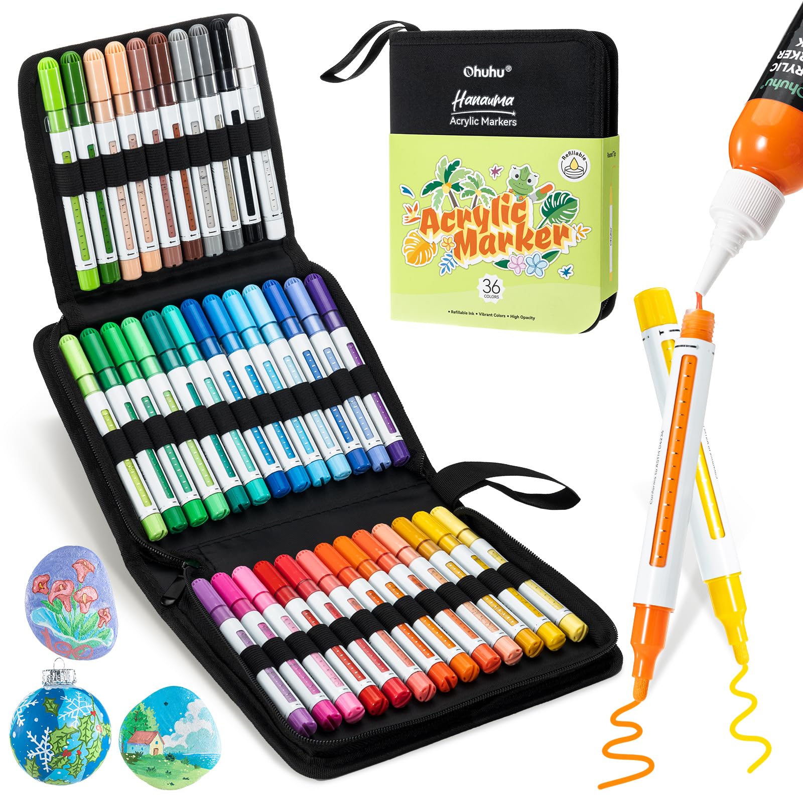 Ohuhu Lápices acrílicos rellenables, 36 colores, alta opacidad, resistentes al agua, resistentes a la luz, marcadores acrílicos para piedras, pintar huevos de Pascua, madera, vidrio, cerámica, lienzo