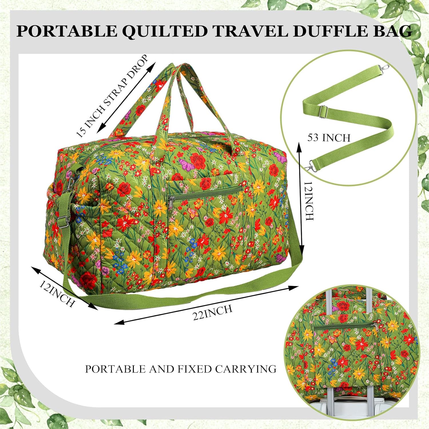 Large Quilted Travel Duffle Bag for Women Floral Portable Gym Weekender Bag with Zipper Pockets Workout Grocery Pouch Duffle Gift Pouch for Work(Yellow Green Grassland) - Image 7