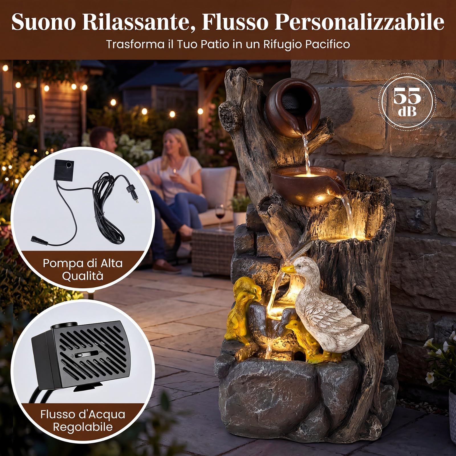 COSTWAY Fontana a Cascata da Esterno, Fontana da Giardino con Illuminazione LED e Pompa, Ornamento Cascata in Resina Effetto Pietra e Legno con Anatre per Cortile e Salotto, 30 x 27 x 57 cm