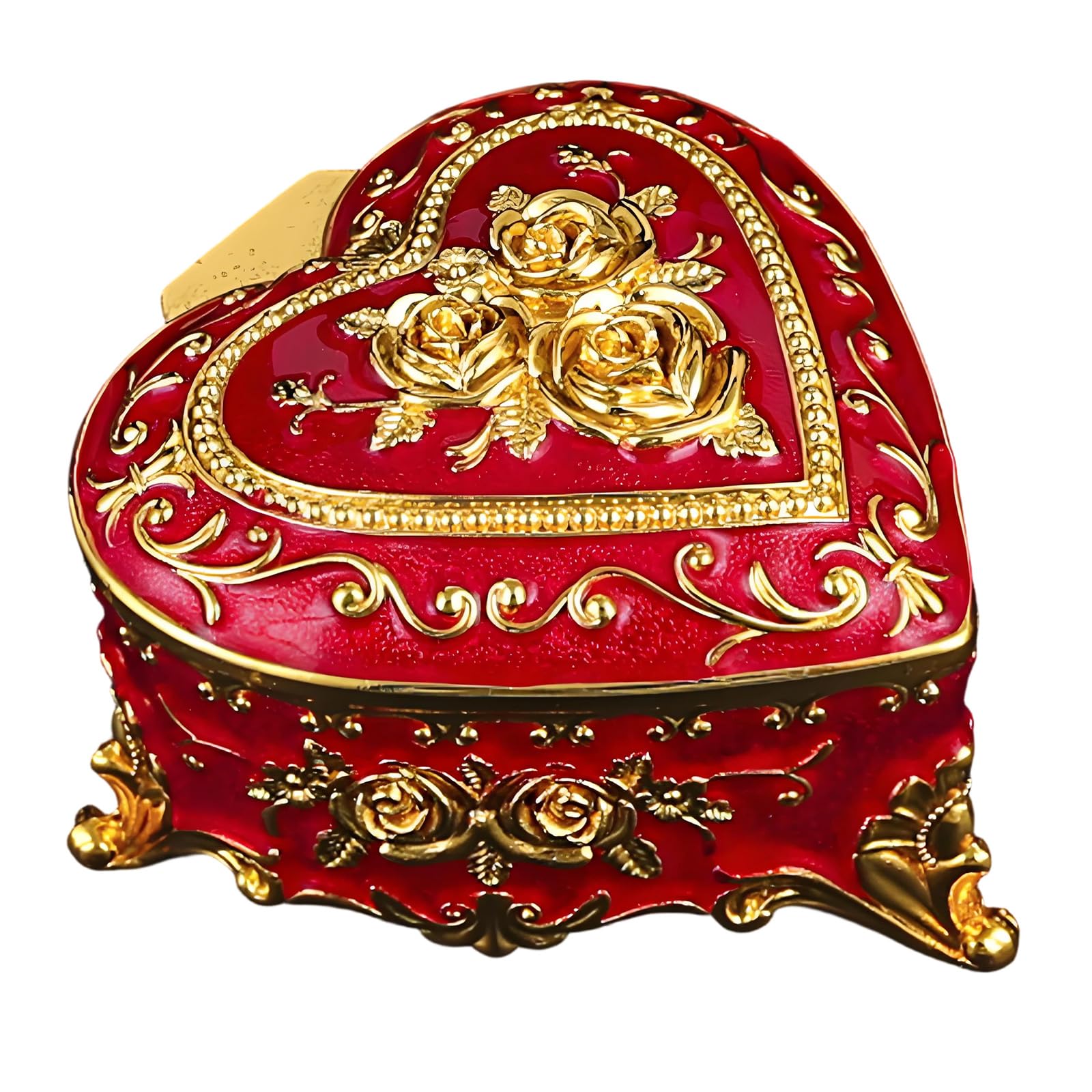 Shaped Trinket Box with Rose Embossed Lid, Zinc Alloy Jewelry Storage for Vanity Display and Dresser Use Heart Shaped Jewelry Box Rose Embossed Trinket Storage Zinc Alloy Vanity Dresser Organizer