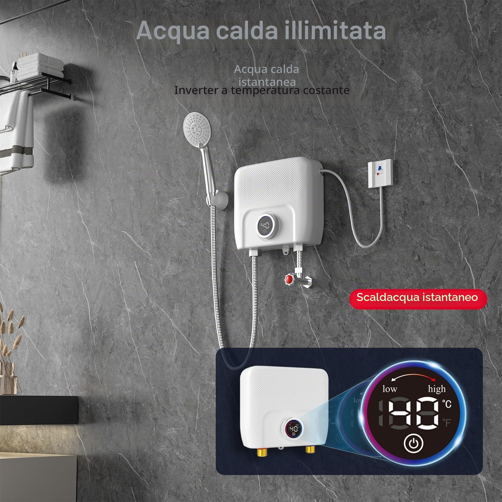 Scaldacqua istantaneo 6500W,Scaldacqua elettrico senza serbatoio per lavello da cucina bagno,con telecomando,display a LED che indica la temperatura