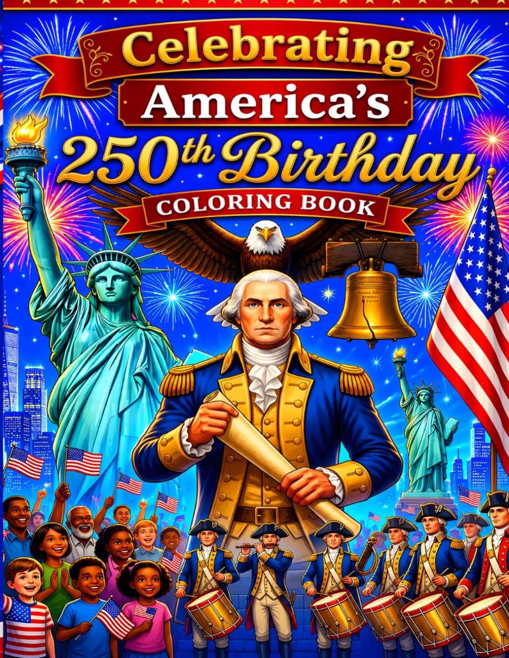 Celebrating America’s 250th Birthday Coloring Book: USA 250 Years Anniversary Coloring Book, Patriotic Symbols, Leaders, Fireworks And Historic American Icons