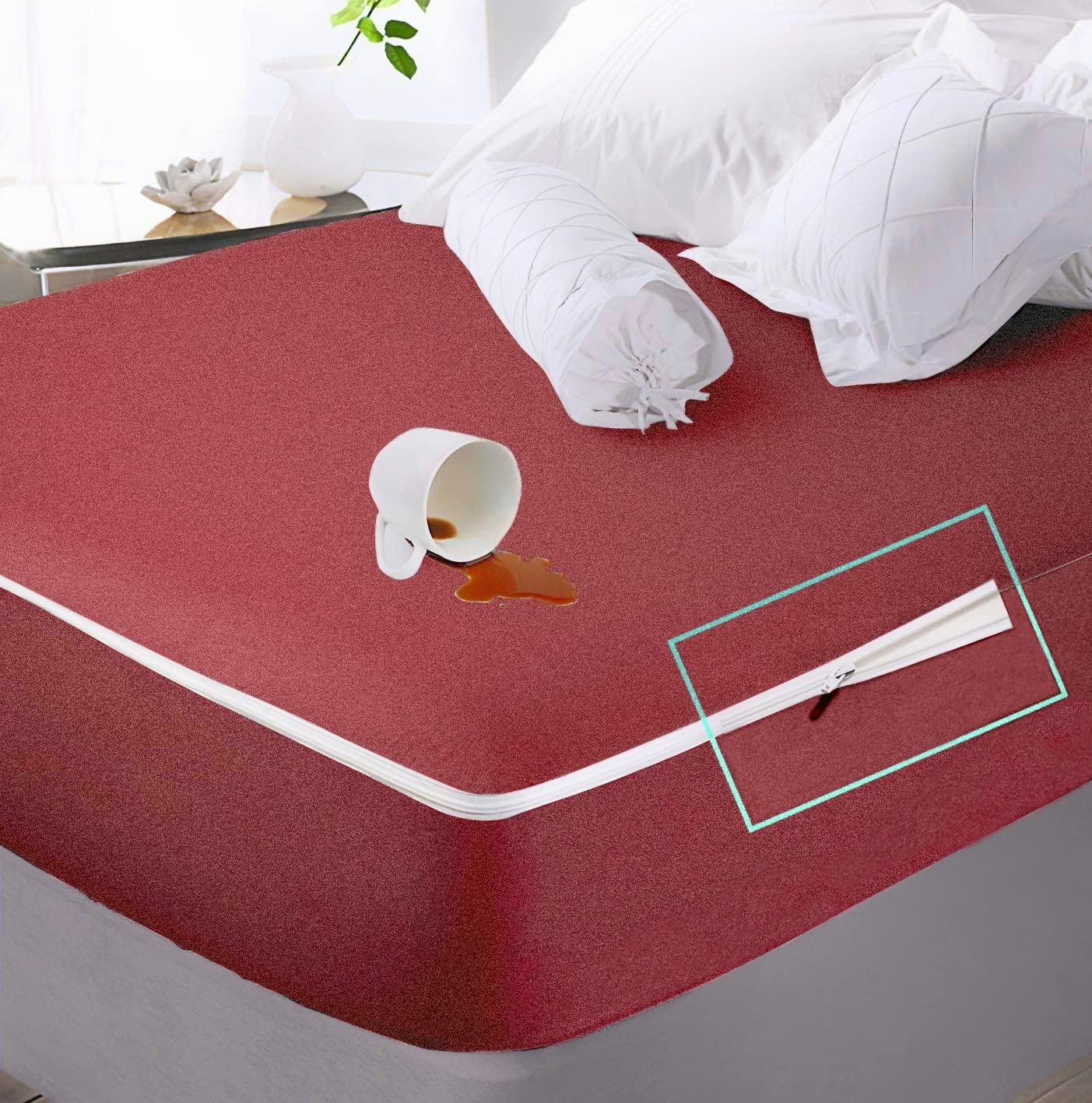 Trance Home Linen All Six Side 100% Waterproof Cotton Terry Zippered Chain Mattress Protector | 360° Bed Bug Protection - Dust Mite Proof - Waterproof Bed Protector (75x48x6 inch, Maroon)