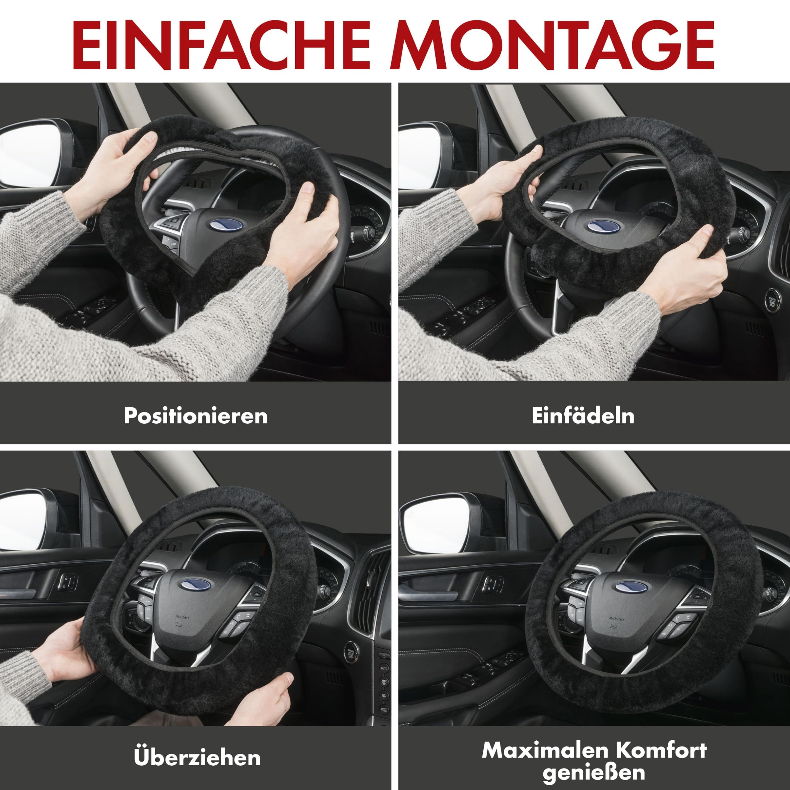 Walser Housse De Volant En Vraie Fourrure D'Agneau - Noir - Confort Hiver Été Pour Volant 37-39 Cm