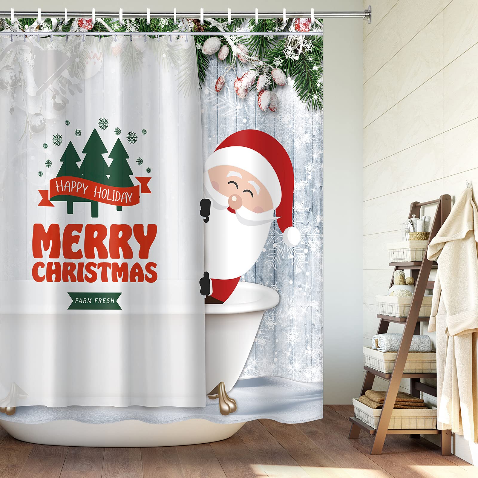 Maccyafst Christmas Shower Curtain for Bathroom Xmas Santa Claus Bath Curtain Winter Holiday Snow Shower Curtain Happy New Year Festival Decorative Shower Curtain Sets with Hooks