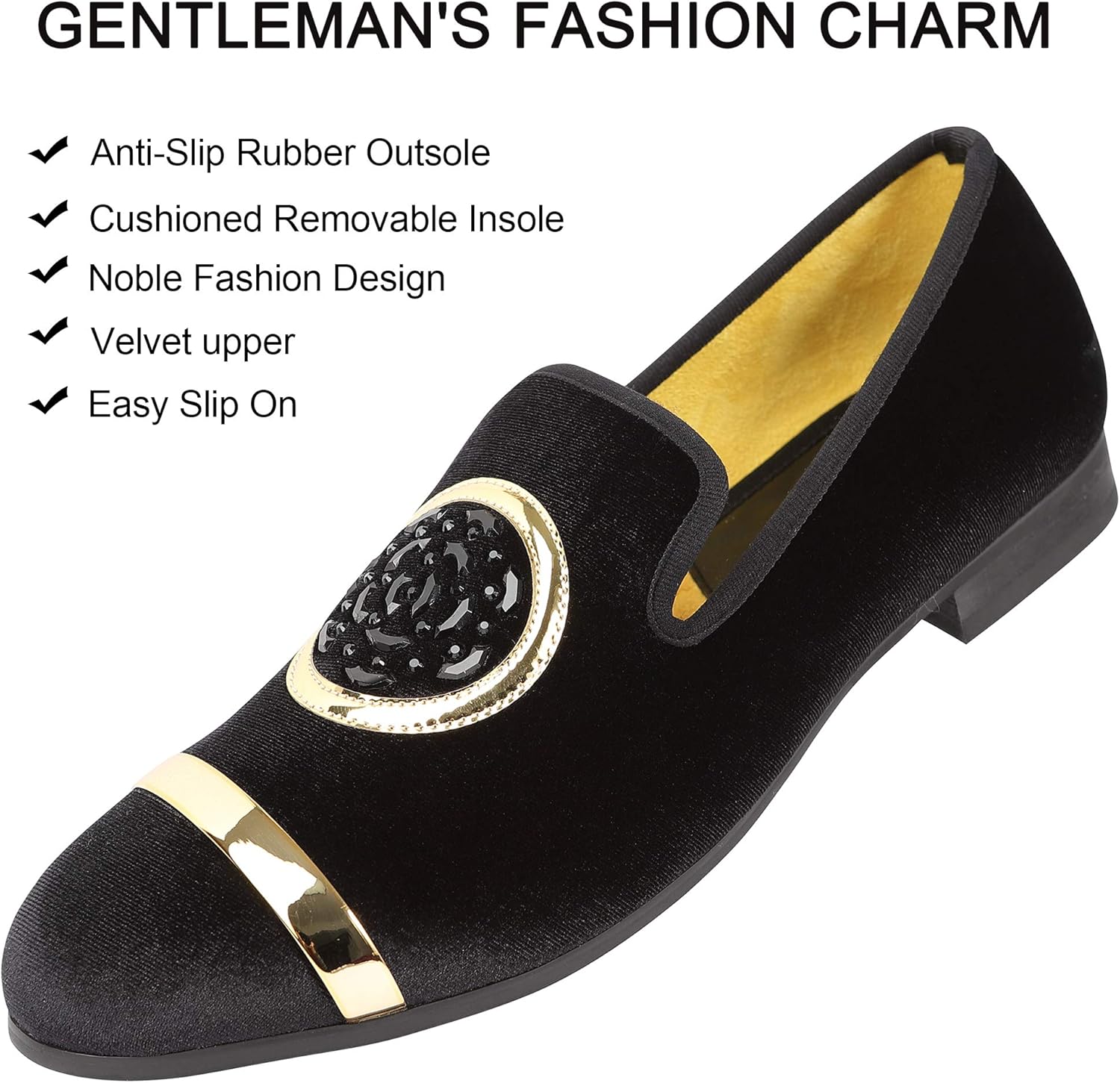 XQWFH Mens Rhinestone Loafers Velvet Tuxedo Dress Shoes with Gold Plate Smoking Slippers Slip-On Penny Party Wedding Casual Shoes - Image 2