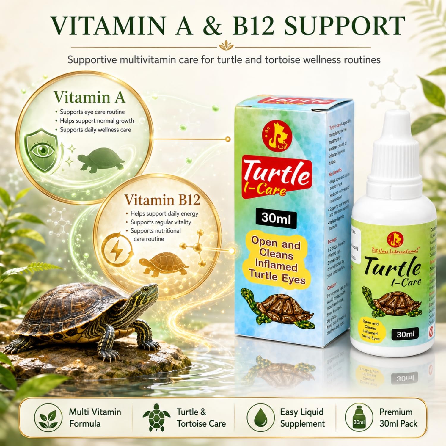Pet Care International (PCI) Turtle i-Care & Turtle VIT Drop for Swollen, Inflamed, Infected Eye & for Essential Vitamins and Minerals of Healthy Turtle Healthcare (Combo) (30ml) 2